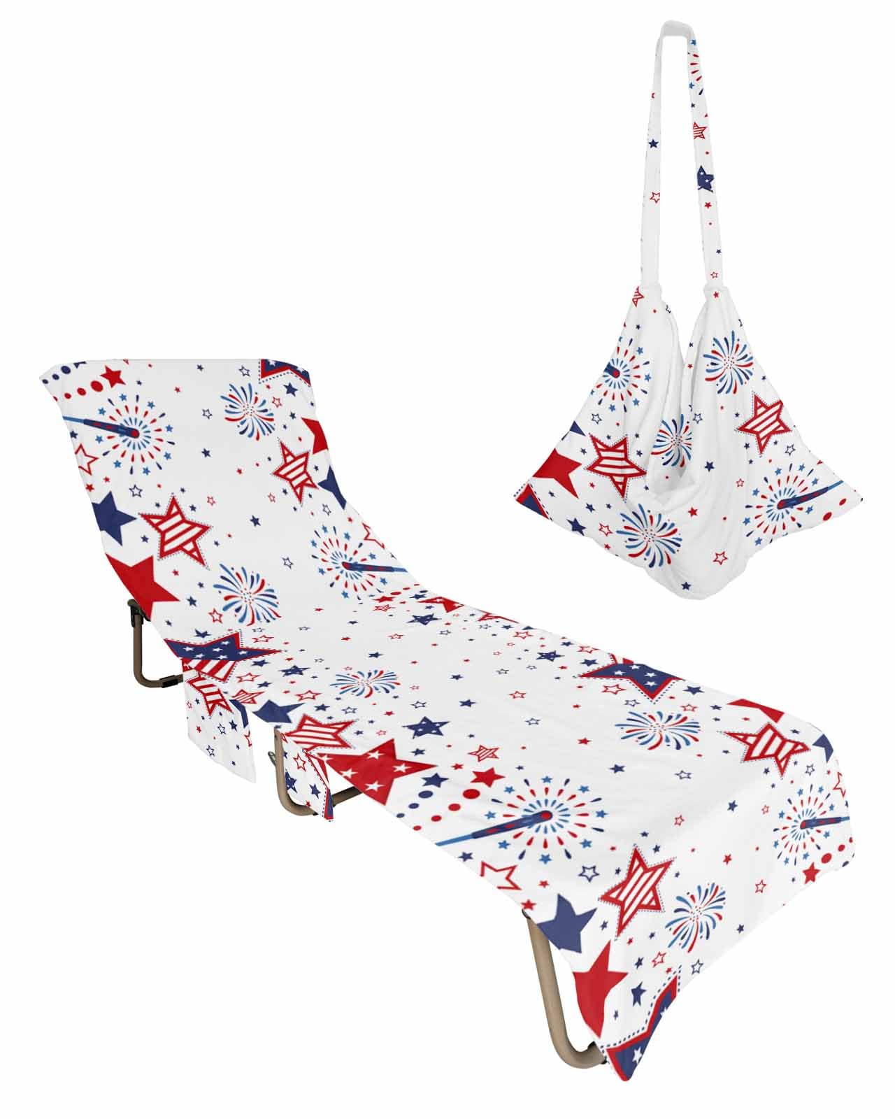 Red Blue Star 4th of July Beach Lounge Chair Towel Cover, Soft Chaise Lounge Towel with Side Pockets Patio Pool Chairs Cover for Beach/Pool Sunbathing 29x85 Independence Day Fireworks