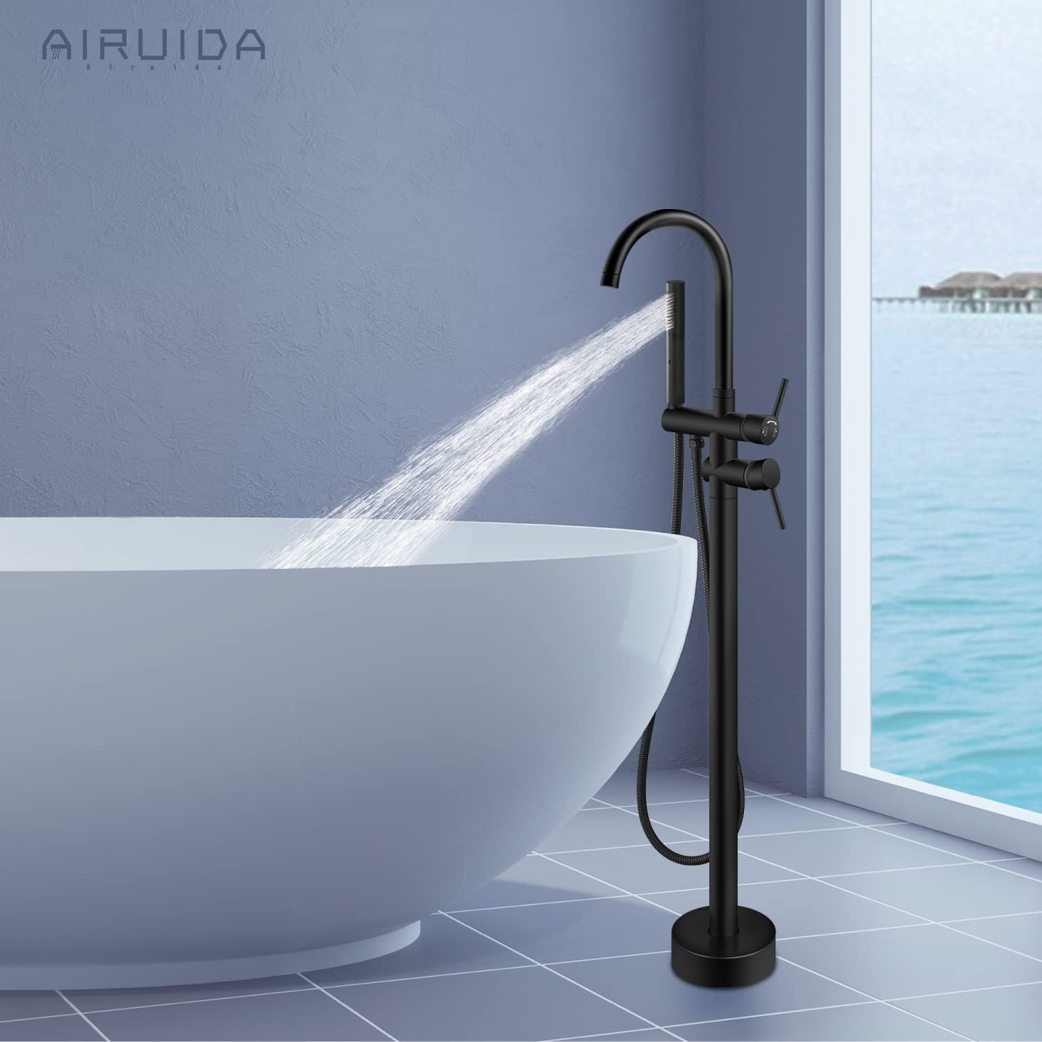 Get Popular Offer Airuida Freestanding Bathtub Faucet Solid Brass Black Floor Mount Tub Filler with 2 Function Handheld 360 Degree Swivel Standing High Flow Spout Mixer Taps Flash Deals - 50% OFF Airuida Freestanding Bathtub Faucet Solid Brass Black Floor Mount Tub Filler with 2 Function Handheld 360 Degree Swivel Standing High Flow Spout Mixer Taps