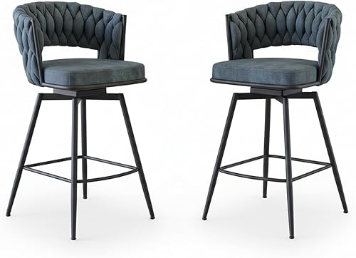Miniatura 9 de Juego de 2 taburetes de bar giratorios de tela de gamuza con giro de 360, base de metal y reposapiés, respaldo tejido tapizado para comedor, mesa de