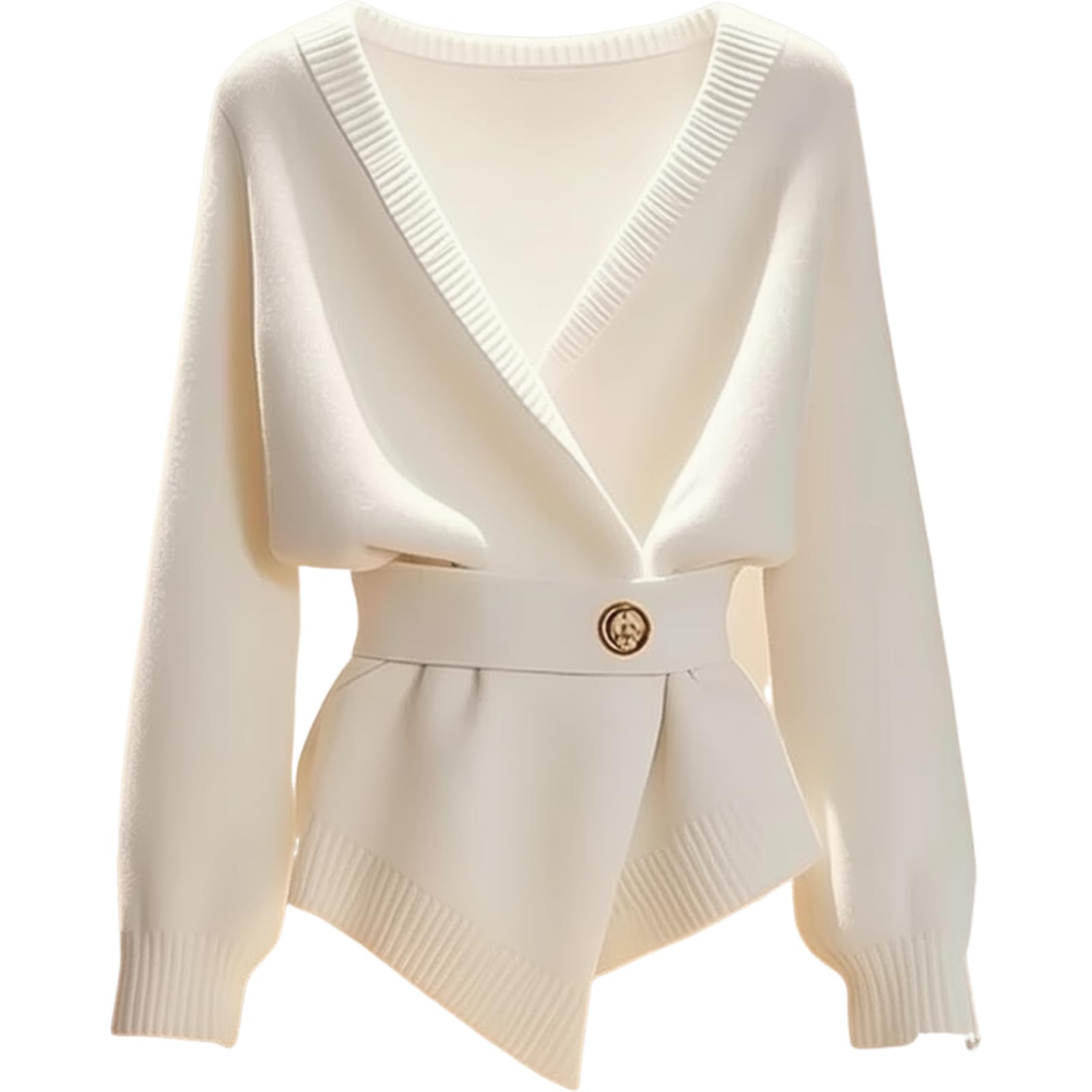 Womens Solid V-Neck Wrap Knit Sweater 2025 Winter Elegant Long Sleeve Ribbed Pullover Top