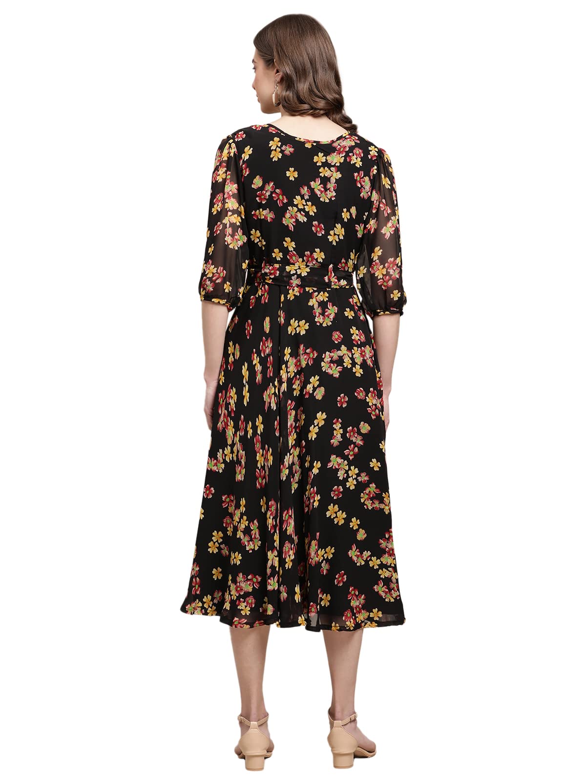 Preneum Women's Maxi Fit & Flare Latest Style Print Georgette Regular Sleeves Casual Summer Maxi Dress || Festival & Occasion, Black, Xl