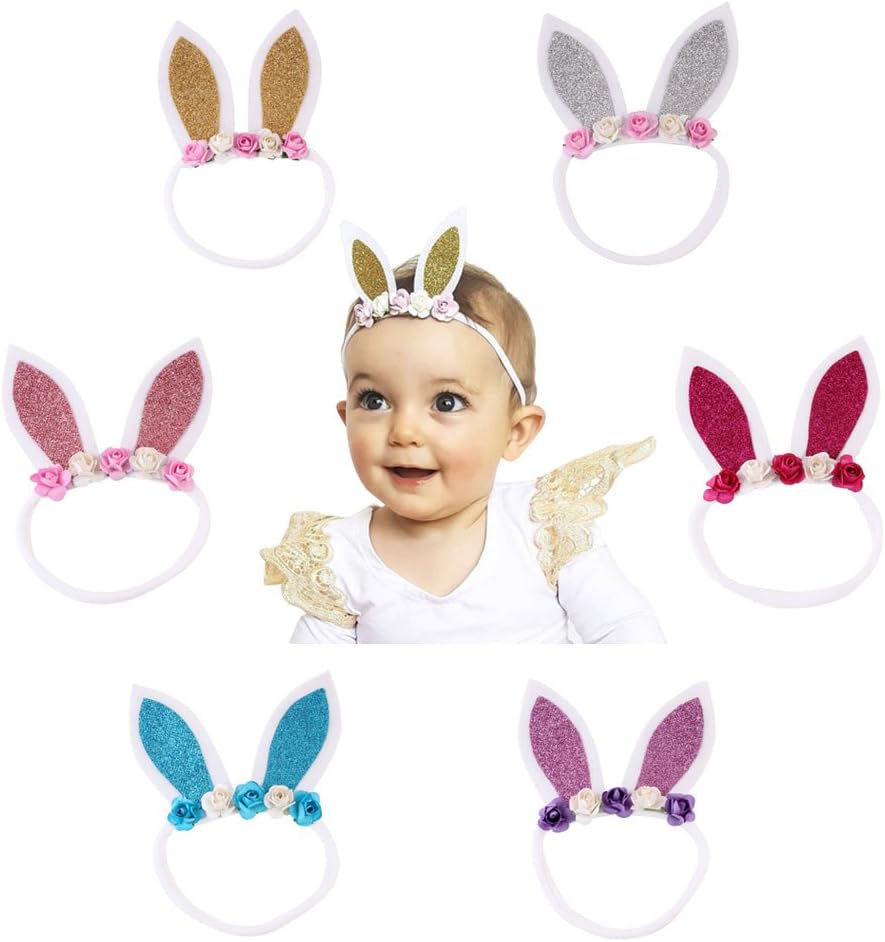 Baby Easter Bunny Headband with Flower Glitter Rabbit Ears for Easter Gift （6 Pack)
