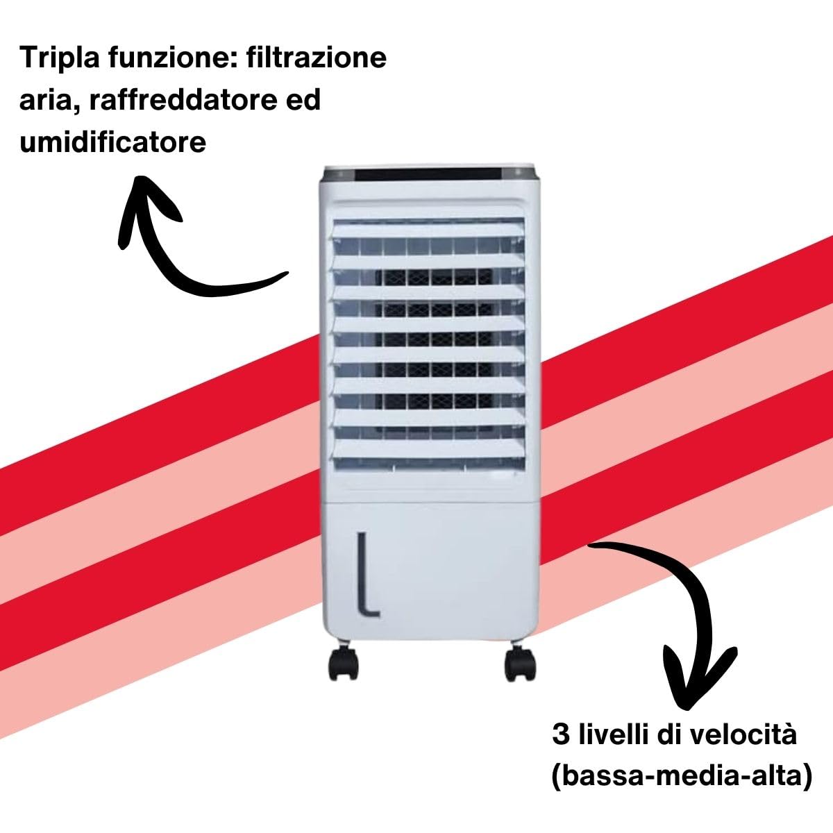 Raffrescatore d'Aria 80W Kasart - Filtrazione, Raffreddamento, Umidificazione, 3 Velocità, Silenzioso, Portatile con Ruote, Serbatoio 7 litri e Alette Oscillanti