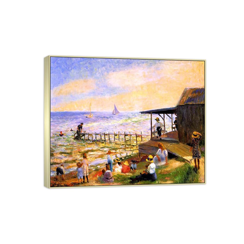 SDYSKKUG William Glackens Canvas Wall Art Prints for Living Room. Beach 3. 72x60cm Silver Frame