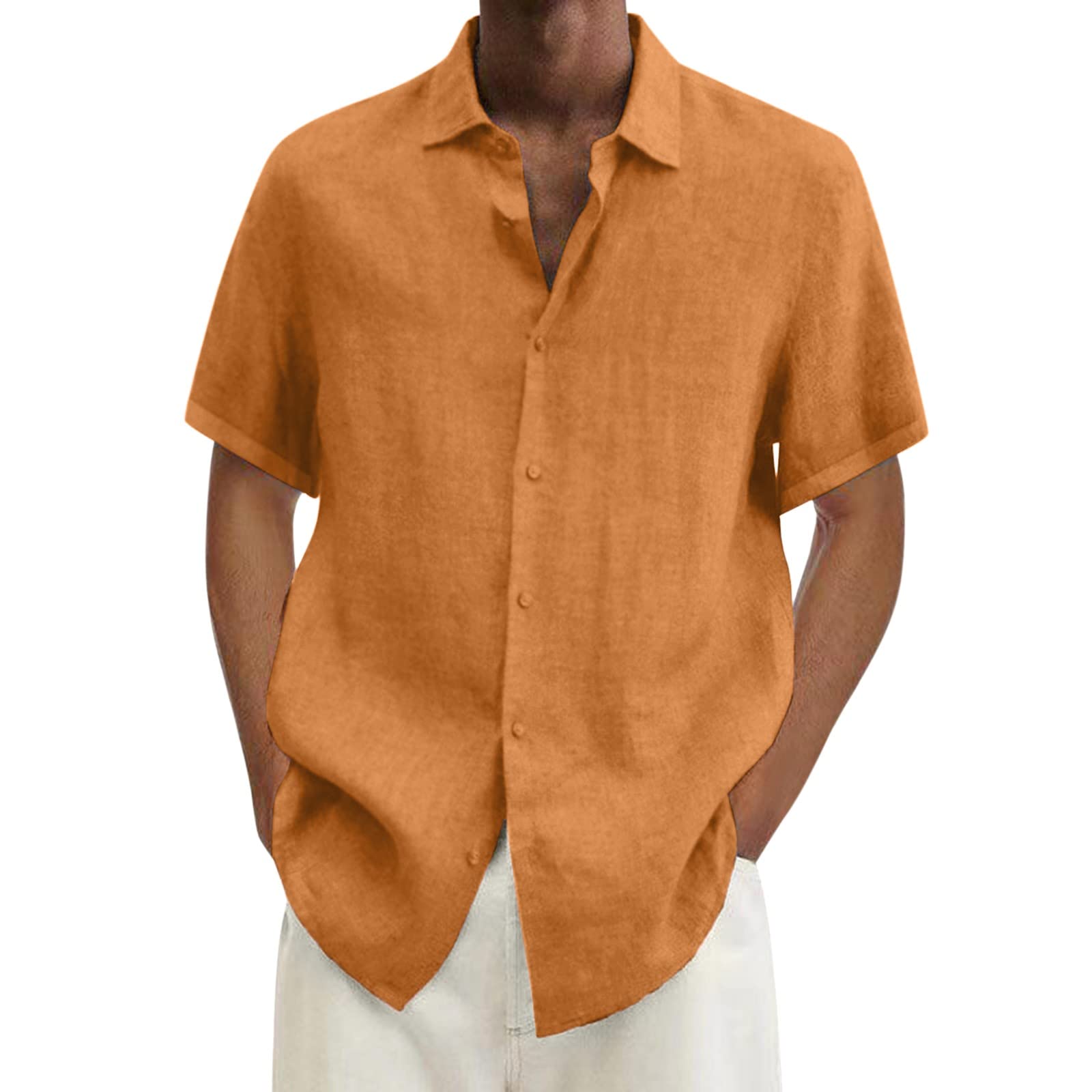 Sunnyuk Camisa Hombre Manga Corta Casual Top Lino Algodón Casual Suelta T-Shirt Suelta Manga Color Sólido Camisa de Verano Camisas Lino