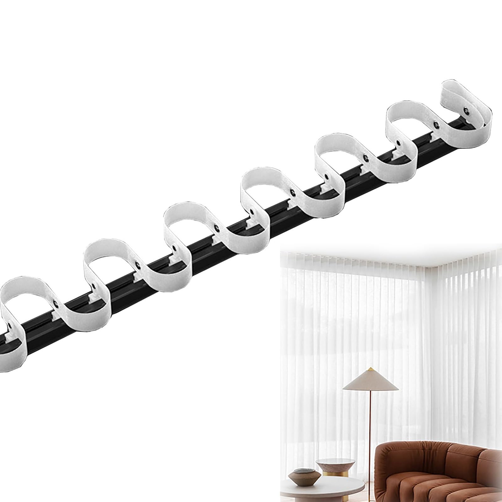 Curtain Single Tracks, Snap Track with Tape Set, S Wave Ripple Curtain Runners, 100-600cm Aluminium Ceiling Mounted Curtain Tracks System, Ripple fold Traverse Curtain Track System(Black,210cm(6.9FT))