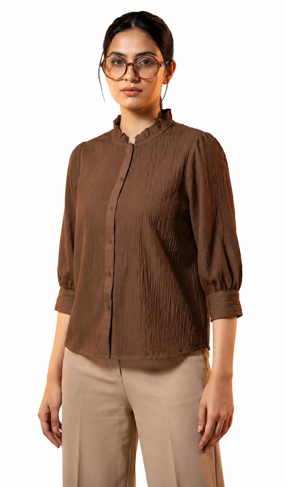 Women’s Brown Crinkle Texture Shirt | Frill Collar 3/4 Puff Sleeve Button-Down Top for Women | Casual Smart-Casual Shirt-picture-46