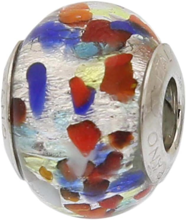 Glass Of Venice Murano Glass Silver Lined Multicolor Confetti Charm Bead for Charm Necklaces and Bracelets. Sterling Silver Framed, Handmade in Venice, Italy. Compatible with All Standard Charm Bead J
