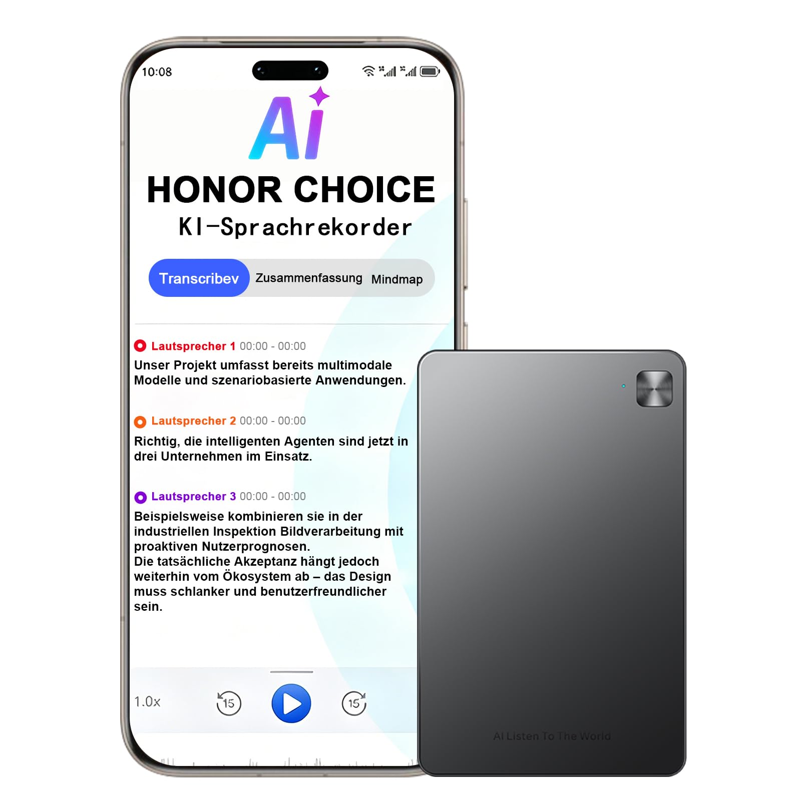 HONOR Choice AI Note Sprachrekorder, 600 Min/Monat Kostenlose Transkription, Digitales Diktiergerät mit KI-Zusammenfassungen & Mind-Maps, 130+ Sprachen, Schlanke Magnetkarte, für Meetings & Anrufe