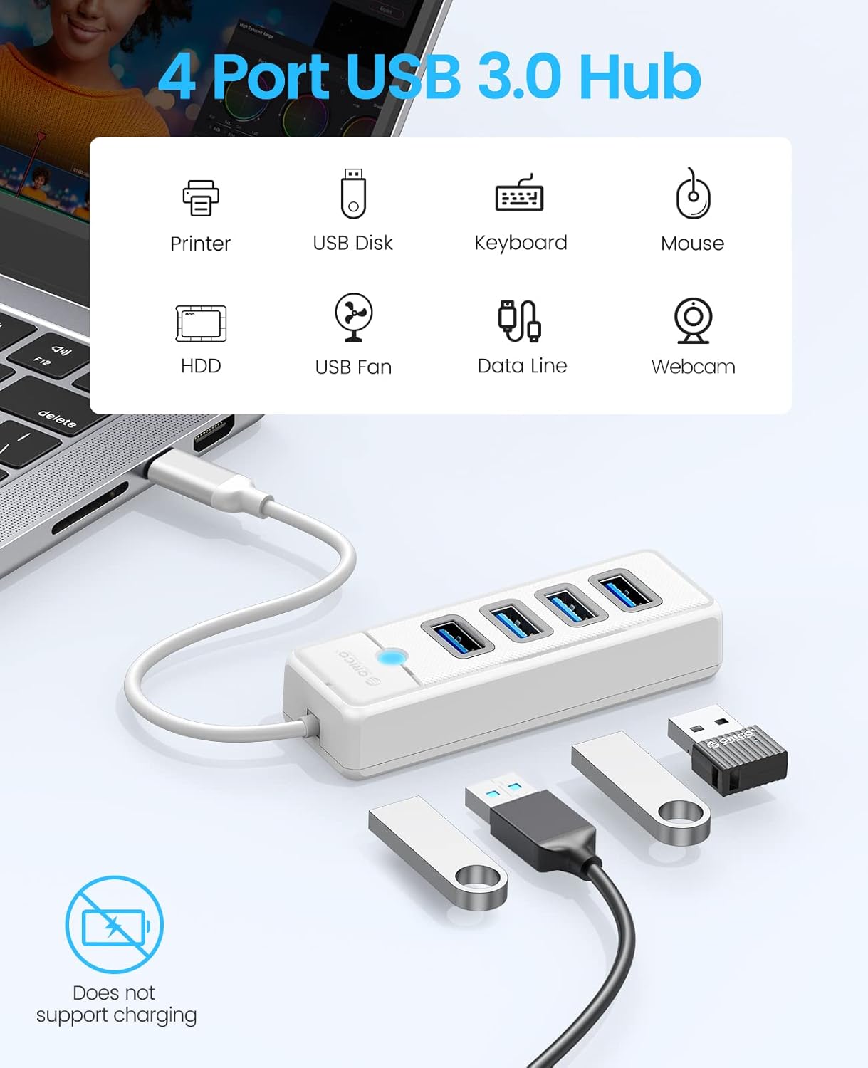 ORICO USB C Hub, 4 porte USB 3.0 Tipo C Adattatore, Sdoppiatore USB per laptop, telefono cellulare, tablet con cavo 0.15m, compatibile con Mac OS 10.X e versioni successive, Linux, Android-Bianca white Bianco - Immagine 2