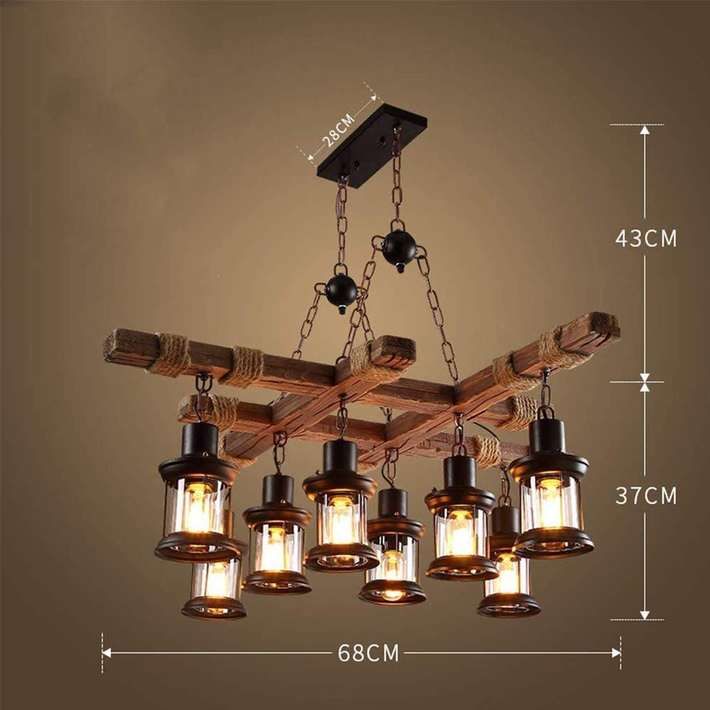 Lampa wisząca LED w stylu vintage, z drewna, rustykalna lampa wisząca w stylu retro, szkło, E27, z regulacją wysokości, do kuchni, salonu, biura, kawiarni, lampa sufitowa, 8 x E27