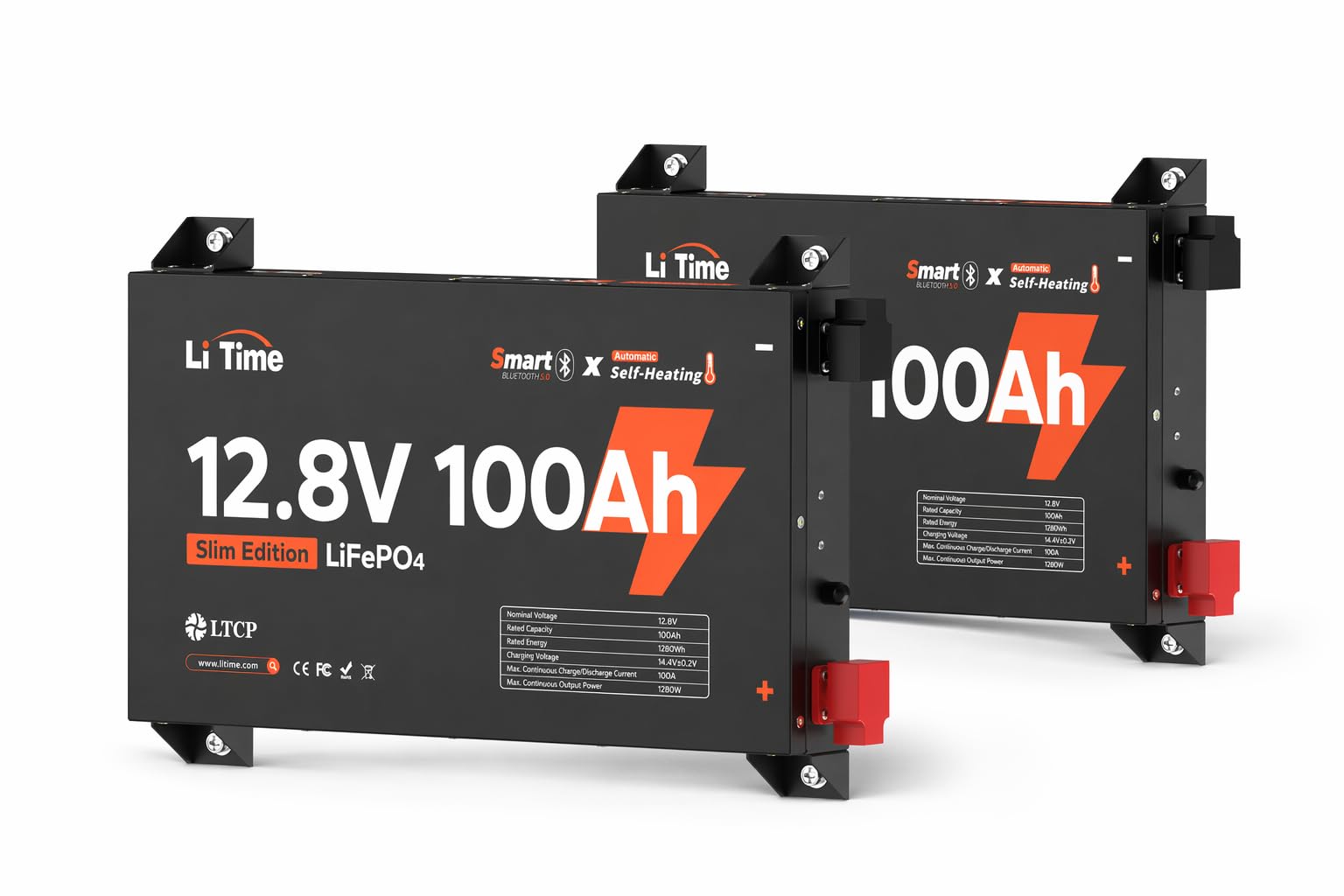 Litime 12V 100Ah Slim Self-Heating LiFePO4 Battery for RV Solar Truck-2Pack