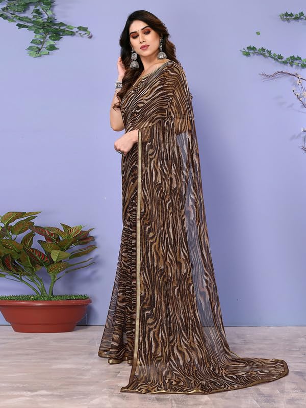 Image of SIRIL Women's Lace & Printed Chiffon Saree with Unstitched Blouse Piece