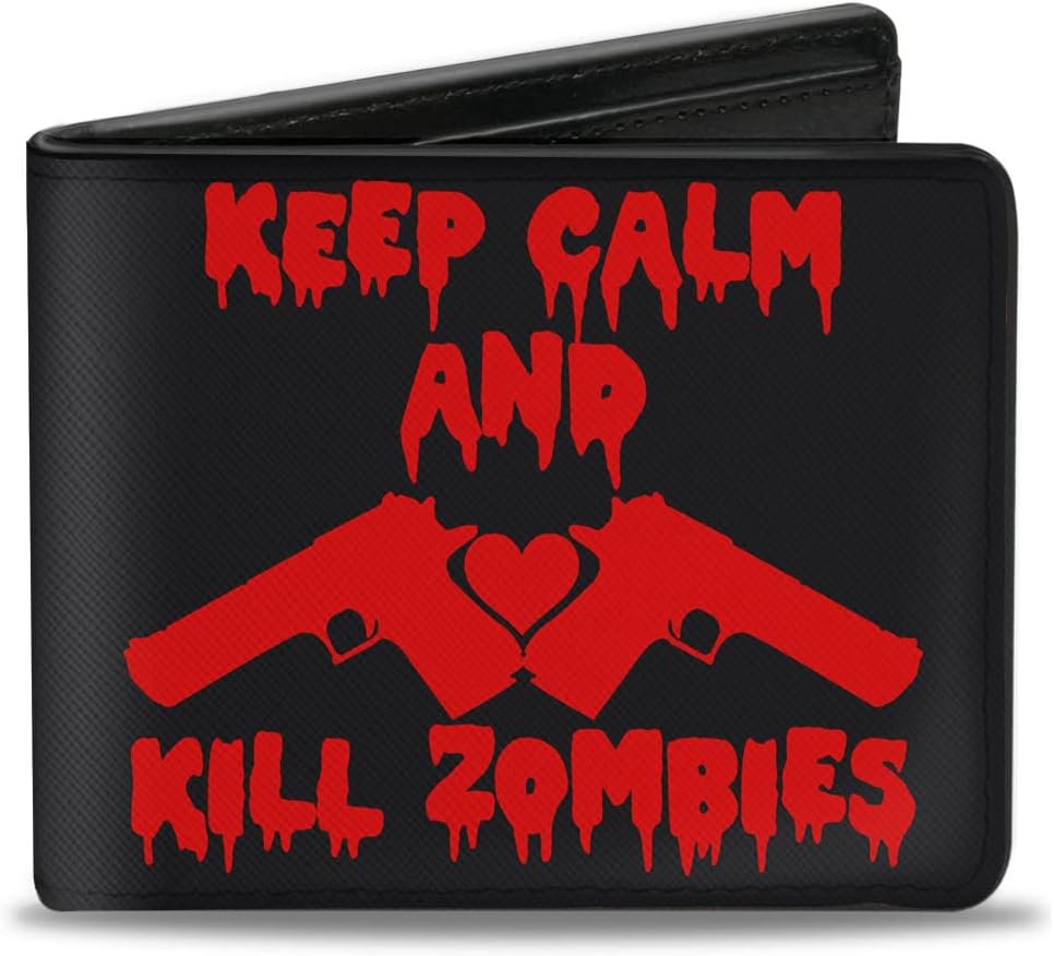 Buckle-Down Men's Wallet, Bifold, Keep Calm and Kill Zombies Guns Heart Black Red, Vegan Leather, 4.0" x 3.5"