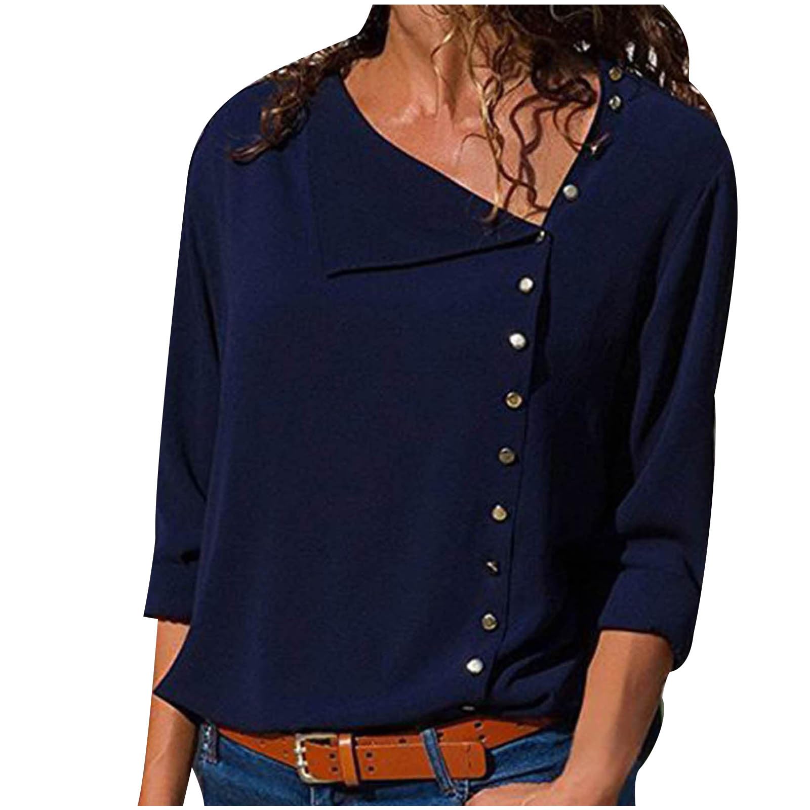 Womens Tops Long Sleeve Shirts Casual Pullover Asymmetrical Neck Tunic Tee Button Blouse Winter Fall Fashion Clothes
