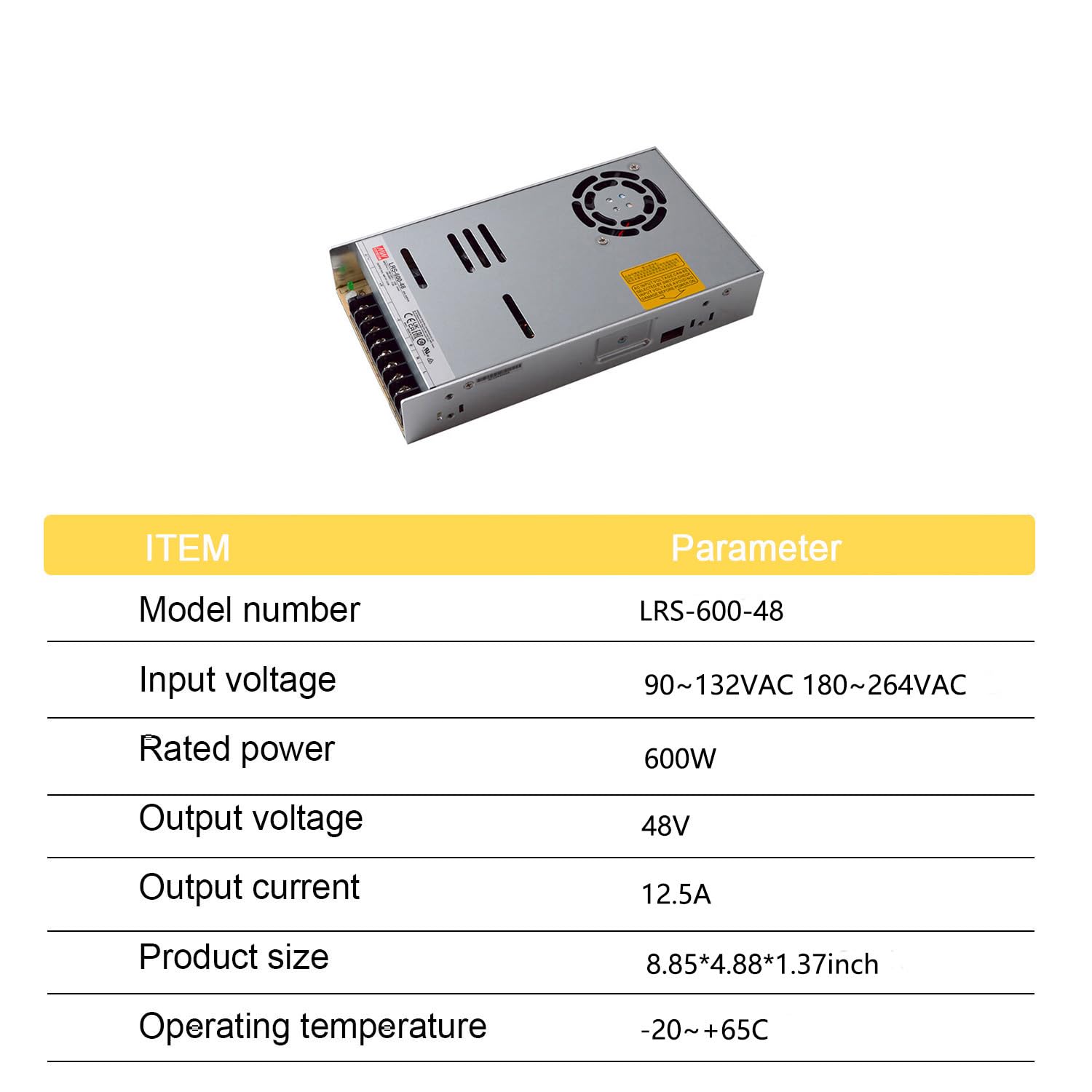 Mean Well LRS-600-48 48V 12.5A 600W Single Output Industrial Power Supply, 90-264VAC Input, 92% Efficiency, Forced-Air Cooling, for Telecom, Industrial Automation, and More