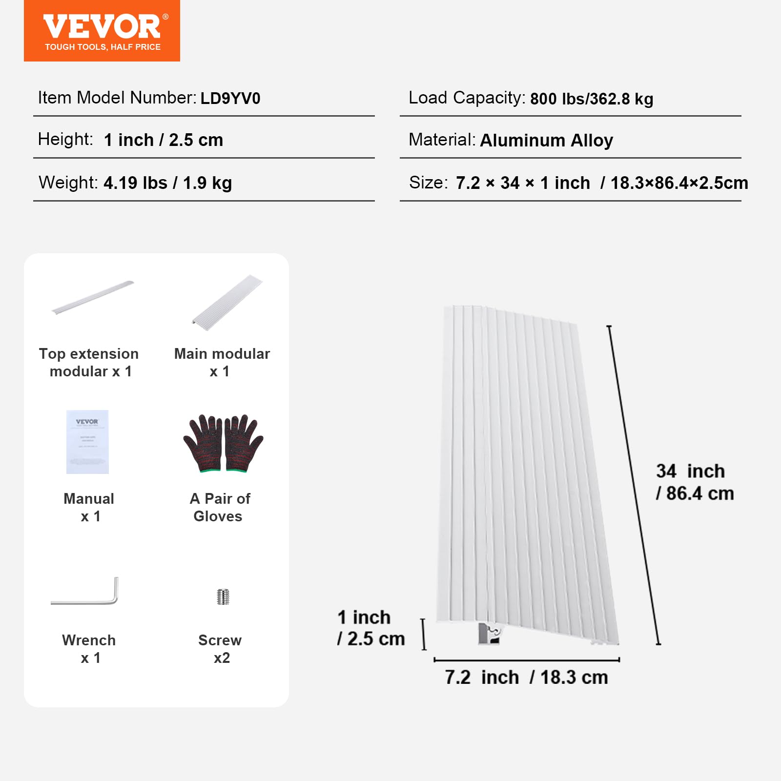VEVOR Rampa de Umbral Altura de 2,5 cm, Rampa de Aluminio para Bordillos Entrada, Capacidad de Carga de 362,8 kg, Rampa Modular Ajustable de Aluminio para Sillas de Ruedas, Scooters, Sillas Eléctricas