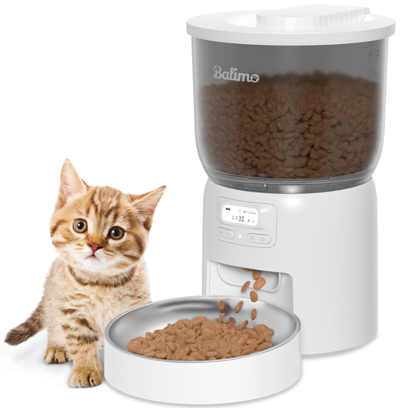 Balimo Distributore Automatico Cibo Gatti 3L, Dispenser Crocchette Gatto con Timer Programmabile, Mangiatoia Automatica Gatti con Ciotola in Acciaio Inox 304, 6 Pasti al Giorno, Bianco