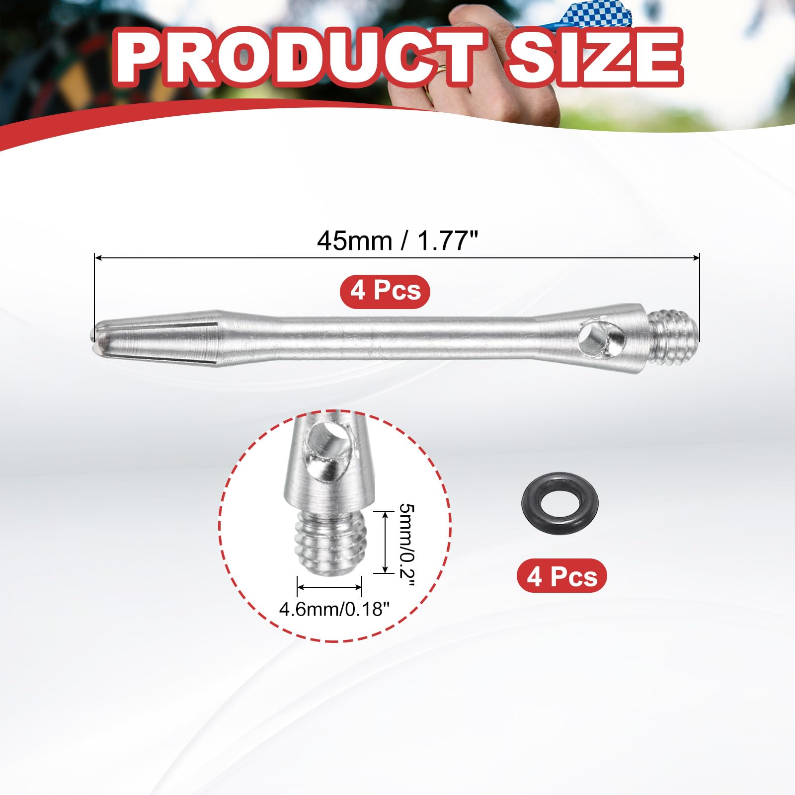 PATIKIL Aluminum Dart Shafts 45mm, 4 Pack 2BA Thread Dart Stems Replacement Accessories with Rubber Rings for Steel Tip, Silver