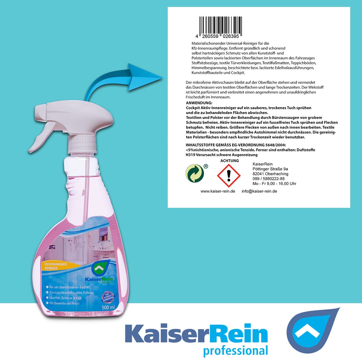 KaiserRein Bio Duschkabinenreiniger mit Lotuseffekt/Abperleffekt 4 x 500ml für die einfache Reinigung ohne nachwischen streifen freies abtrocknen