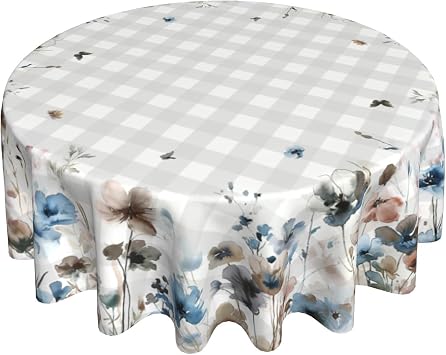 Giwawa Watercolor Floral Tablecloth Round 60Inch Blue Brown Grey Cream Flowers Table Cover with Gray Buffalo Plaids Wildflower Print Washable Table Cloth for Kitchen Dining Holiday Party Decor