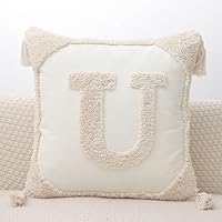 Vista 23 de Fundas de almohada con monograma y borlas de 18 x 18 pulgadas, fundas de almohada modernas de lona de algodón con letras del alfabeto A, para sofá