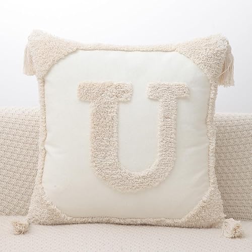 Miniatura 5 de Fundas de almohada con monograma y borlas de 18 x 18 pulgadas, fundas de almohada modernas de lona de algodón con letras del alfabeto J copetudo,