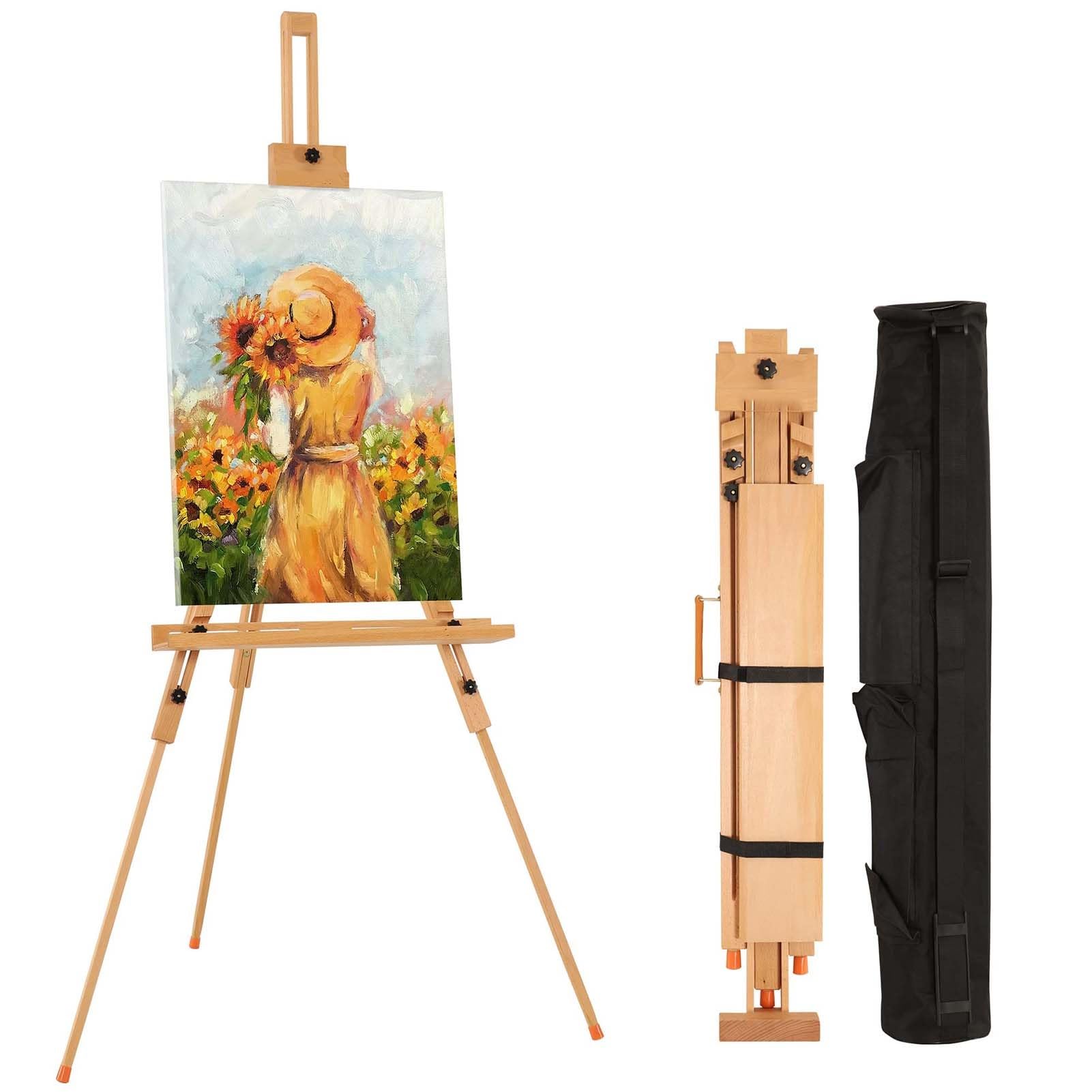 THEGA Portable Easel For Painting With Bag, Tilting Flat & Adjustable Beech Wood Art Easel Stand, Holds Canvas Up To 44", Tripod Field Easel For Adults, Artists, Beginners(Natural)