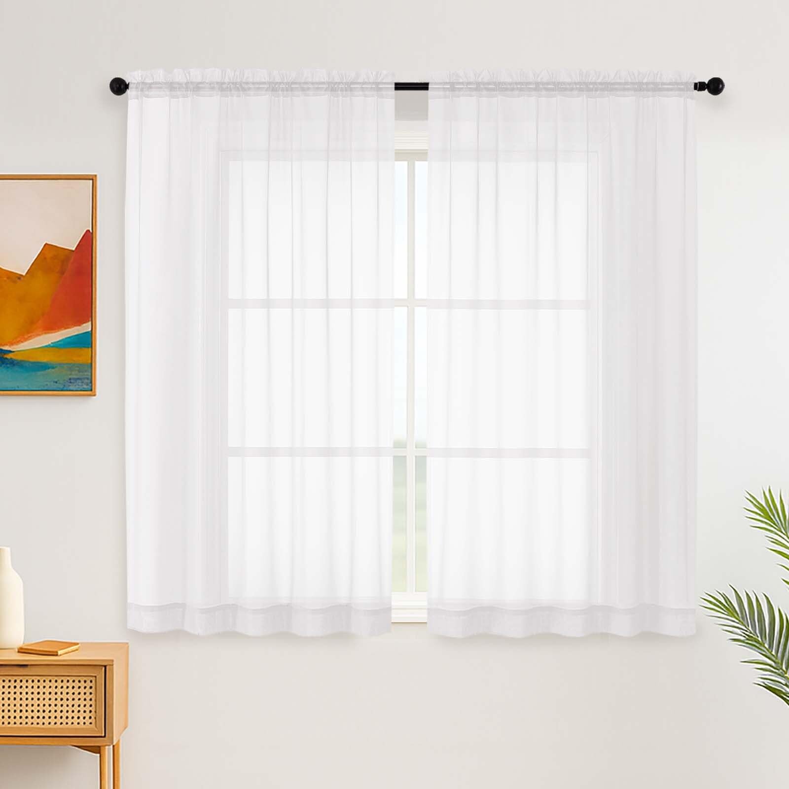 Simplebrand White Short Sheer Curtains for Bedroom, 137 cm Length, 2 Panels Set, Light Filtering Voile Home Curtains & Drapes, Rod Pocket Window for Living Room (White, 150cm W x 137cm L)
