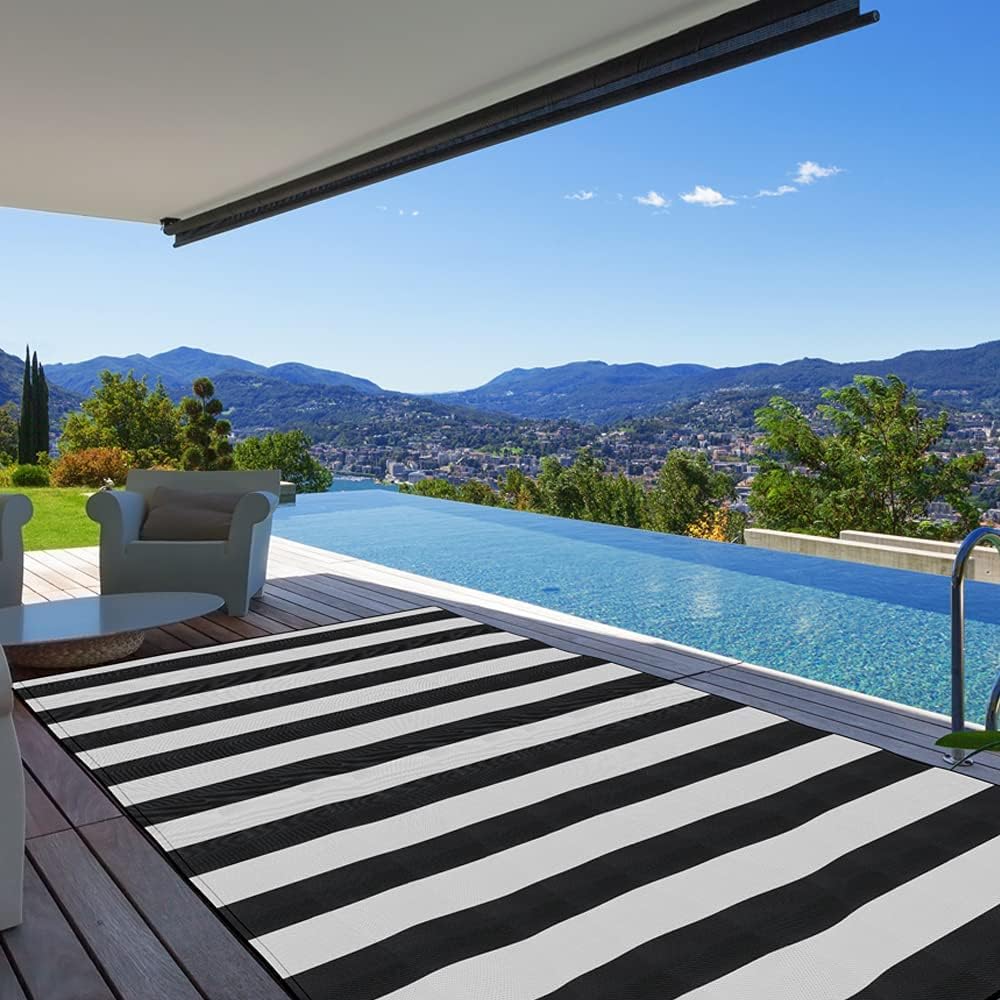 Pcinfuns Plastic Straw Rug,8'x10' Outdoor Waterproof Patio Rugs Foldable Reversible Camping Mat for Rv, Deck, Porch, Picnic, Beach, Balcony,Black & White 8' x 10' (Rectangular) Black/White