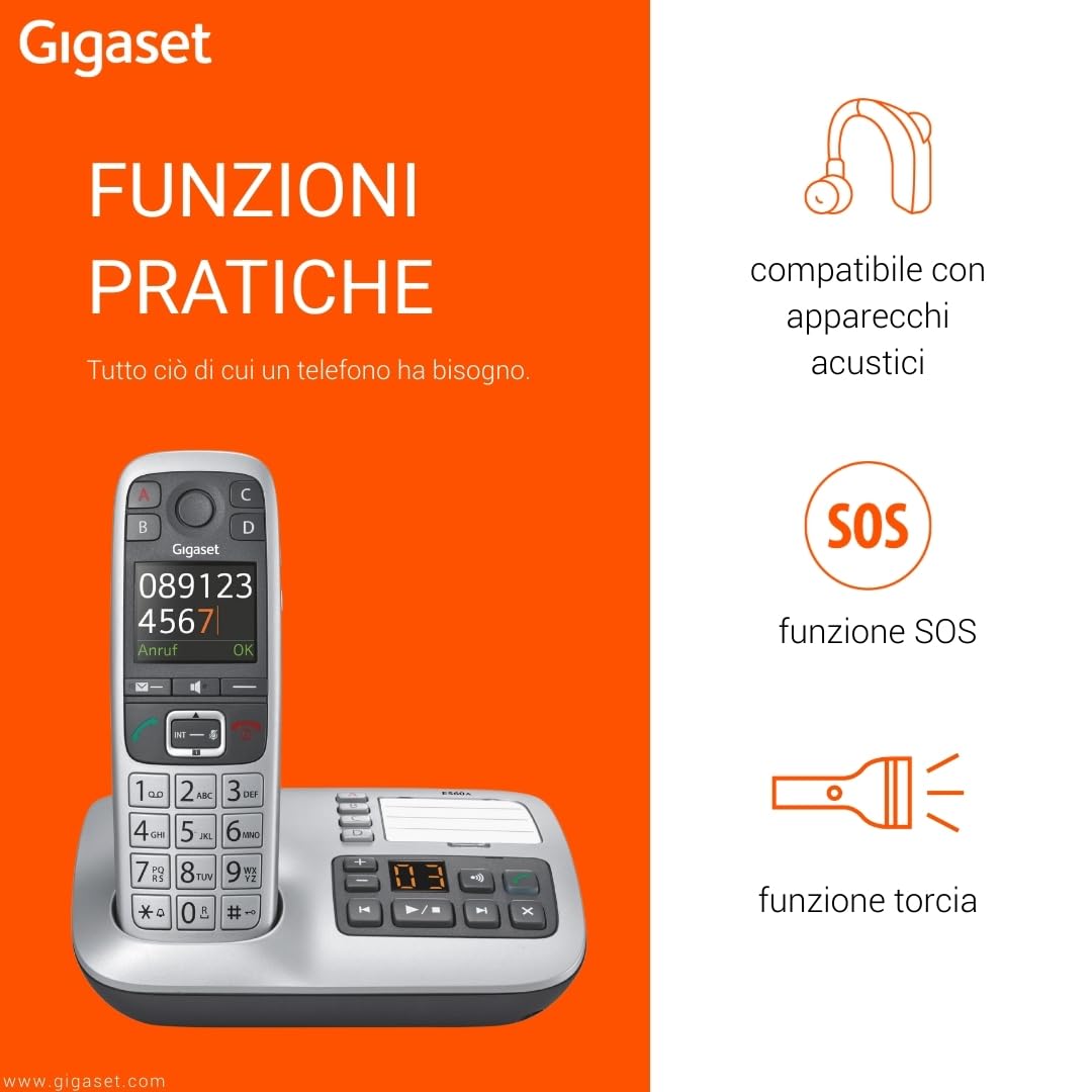 Gigaset E560A - Telefono Cordless DECT con Segreteria, Tasti Grandi, Numeri sul Display Grandi, Tastiera Illuminata, Suonerie e Audio Potenziato, Tasto SOS, Grigio [Versione Italiana]