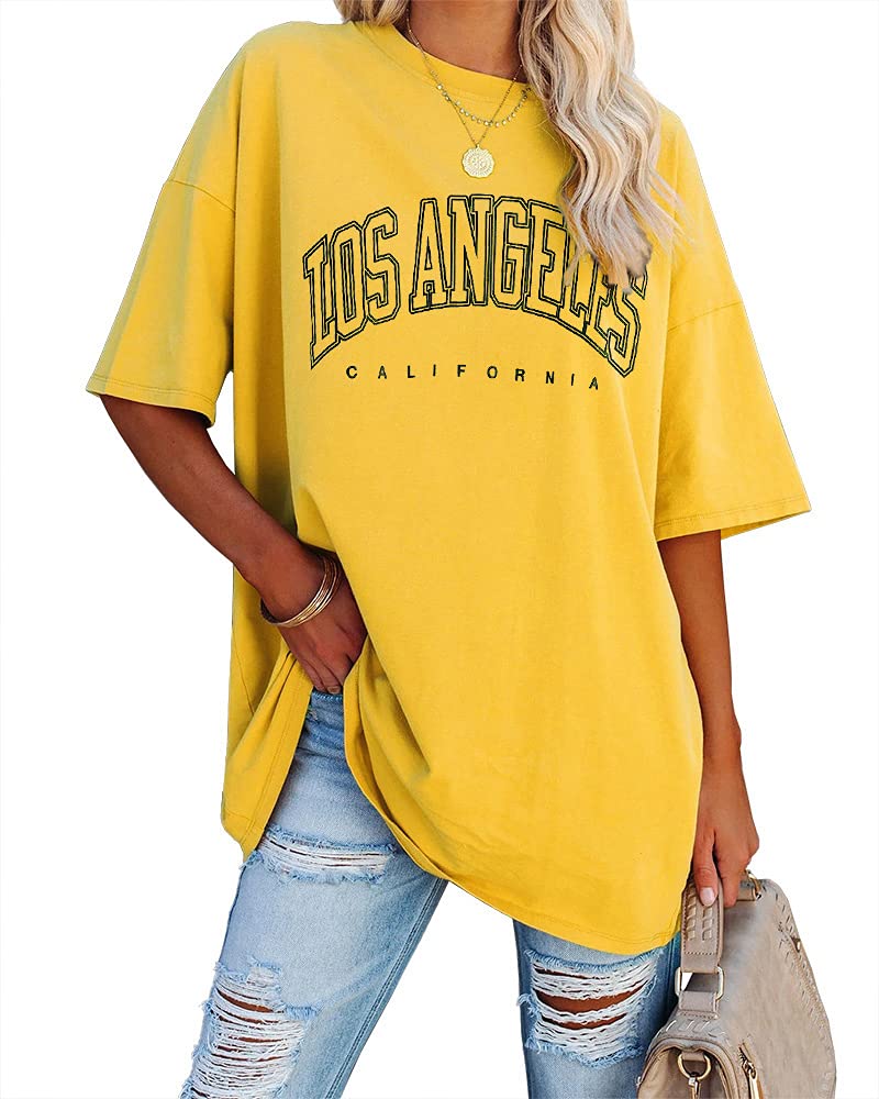 Ebifin Oversize T Shirt Damen Vintage Kurzärmeliges Rundhals Los Angeles Oberteile Tops Casual Lockere Basic Sommer Tee Shirts Bluse.Gelb.L