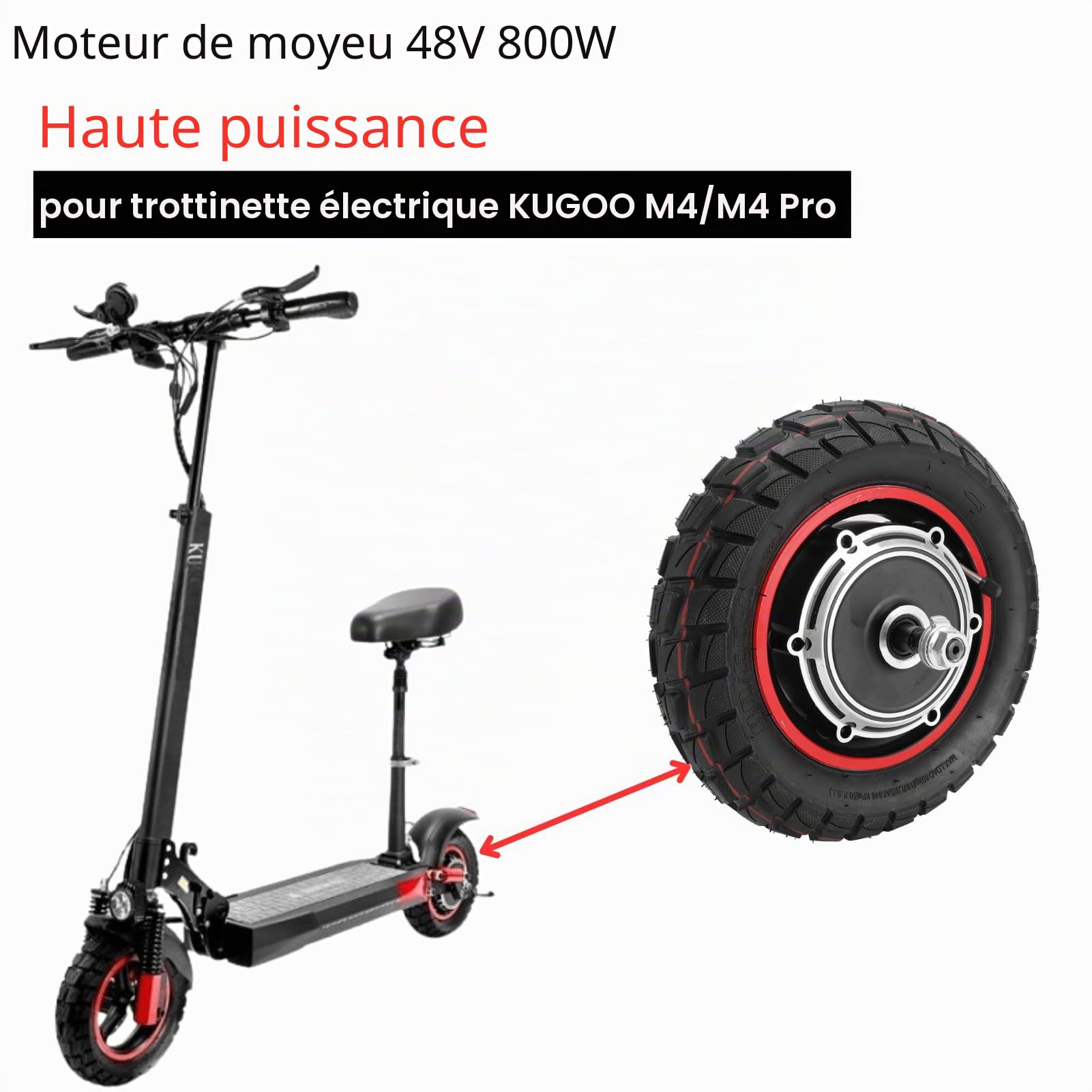 Roue Arrière du Moteur de Moyeu de Scooter Électrique pour KUGOO M4 M4pro, 48V 800W Moteur d'Entraînement de Roue Arrière de Trotinette Électrique de 10 Pouces
