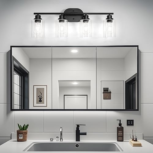 Miniatura 9 de Ascher Lámparas de baño de 4 luces, modernas luces de tocador con pantalla de vidrio transparente, lámpara de pared negra mate para espejo de baño,