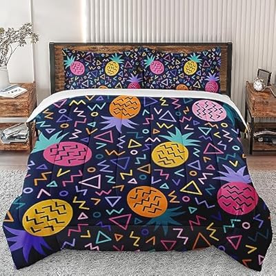 Comforter Set King Size, Cute Pineapple Colorful Geometric Soft Bedding Set for Kids and Adults Bedroom Bed Decor, Summer Fruit Retro Comforter Set with 2 Pillowcases 61gmHSAWwhL. SS400