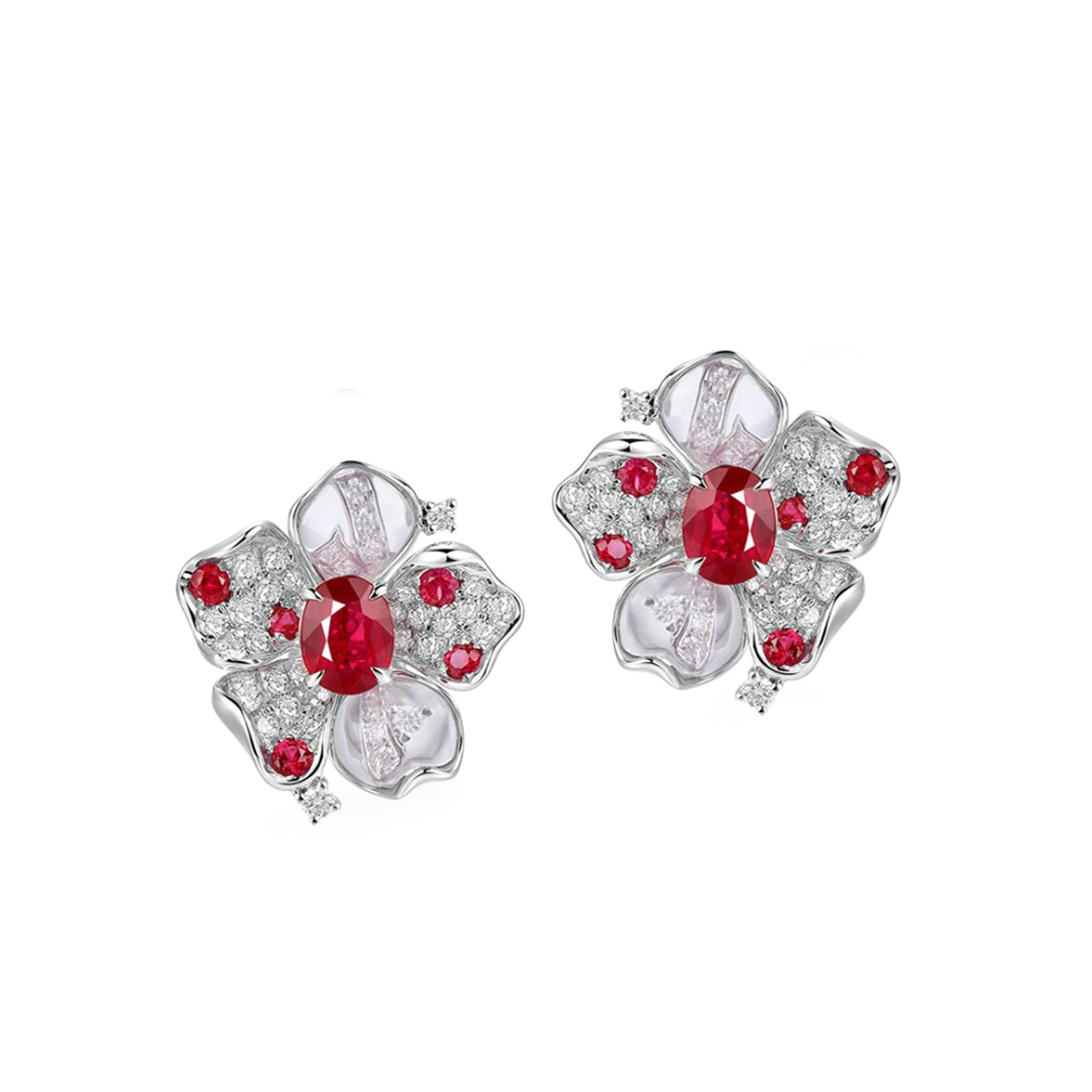 KnSam Pendientes de oro blanco de 9 K/14 K/18 K, joyas auténticas, 0,75 quilates, rubí, pendientes de Navidad con flores ovaladas rojas, joyas para mujer con moissanite Au750/585/375 oro