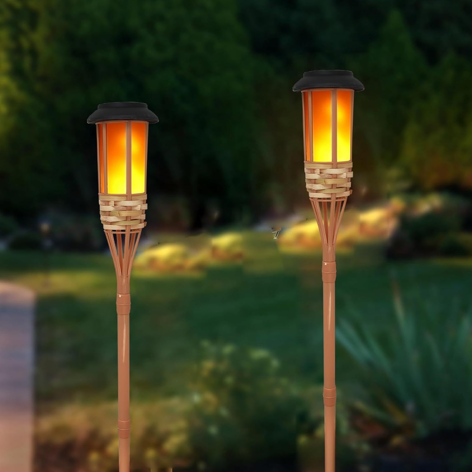 Flickering Flames Solar Powered Lights Outdoor, Waterproof 12LED Bamboo Solar Torch Lights Landscape Garden Decorative Lighting (2PCS)