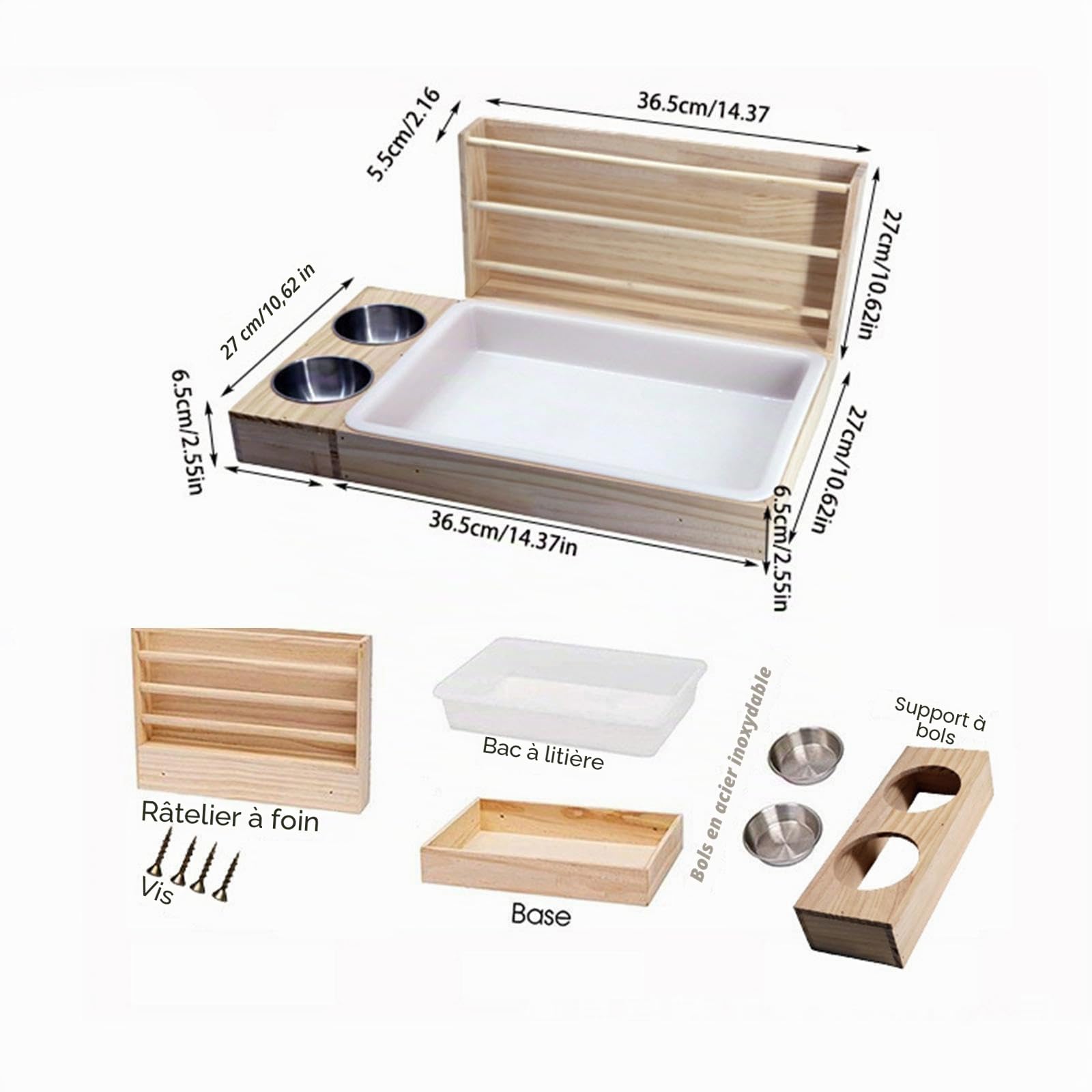 perfk 3 en 1 Râtelier à Foin en Bois, Mangeoire à Foin en Bois pour Cochon d'Inde Ratelier Lapin avec Bac à Litière, Distributeur de Foin pour Lapin, pour Cochons d'Inde, Hamsters, Petits Animaux
