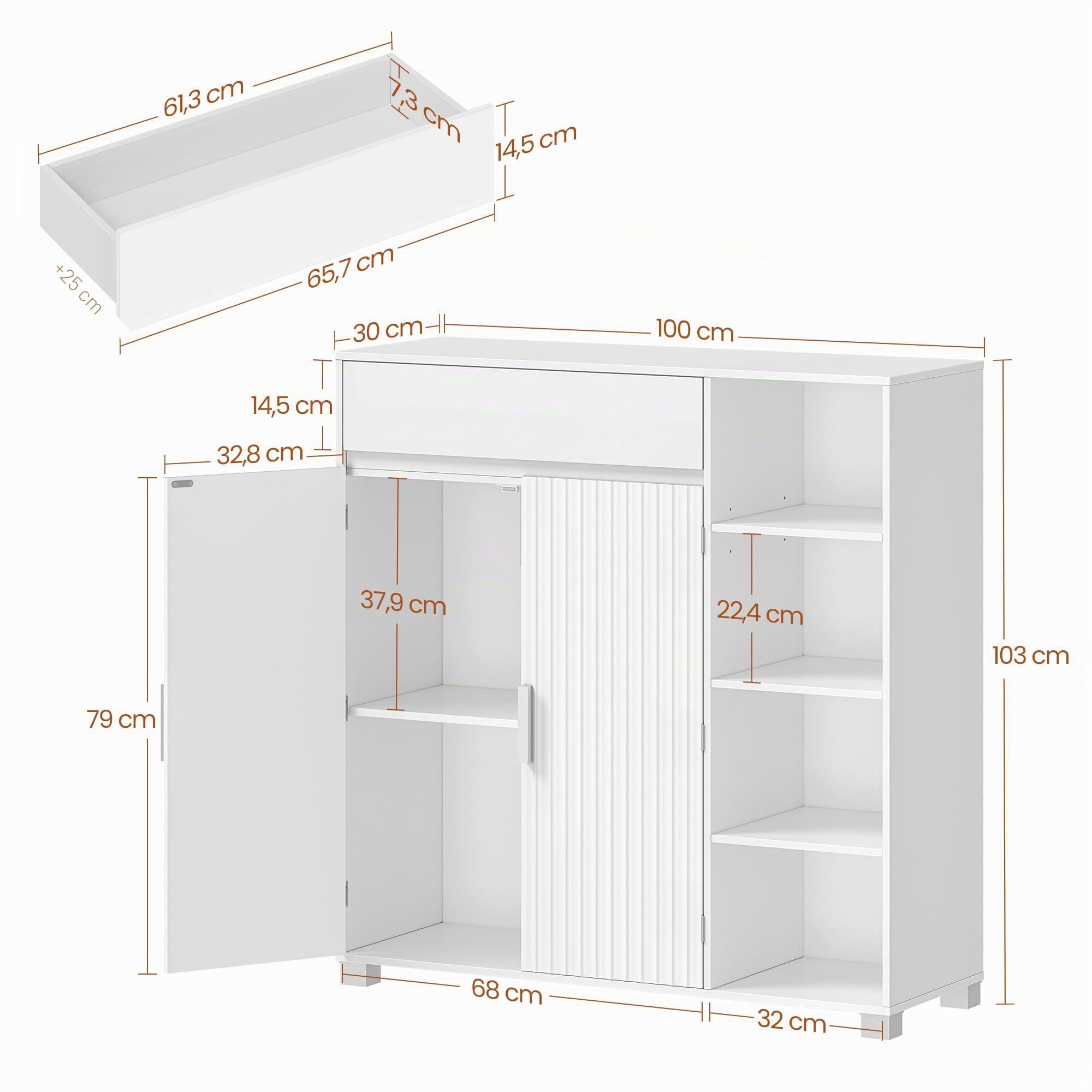 HEXCELEN Meuble de Salle de Bain, Meuble de Rangement, 100 x 103 x 30 cm, Armoire Salle De Bain avec 2 Portes, Compartiment Ouvert, 1 Tiroir, Étagères Réglables, Blanc