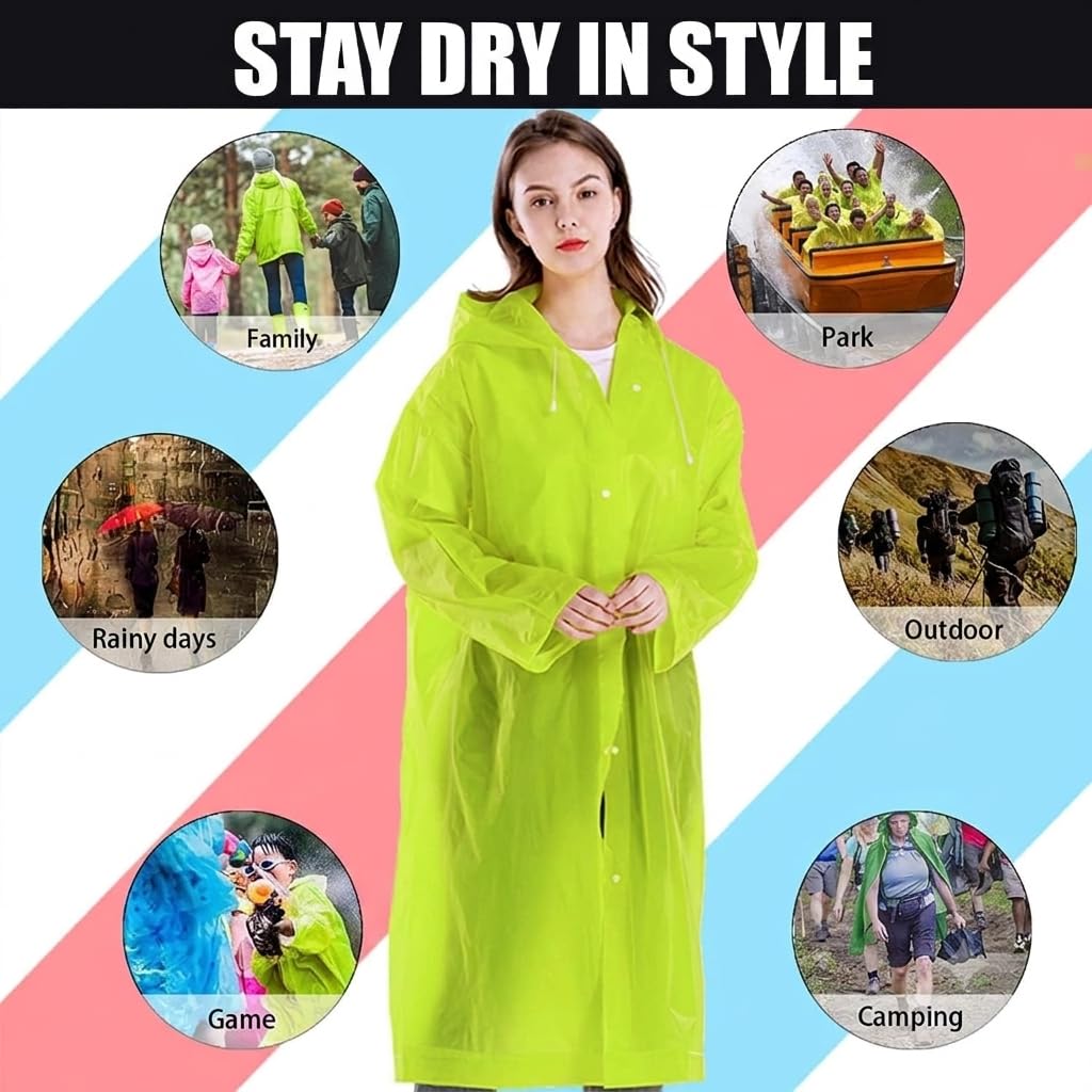 Hacer EVA Rain Poncho rain coat for Men & Women, Lightweight Waterproof Raincoat with Hood Adjustable Drawstring & Snap Button Closure Reusable Outdoor Rainwear for Boys & Girls (Free Size-Neon Green) 3
