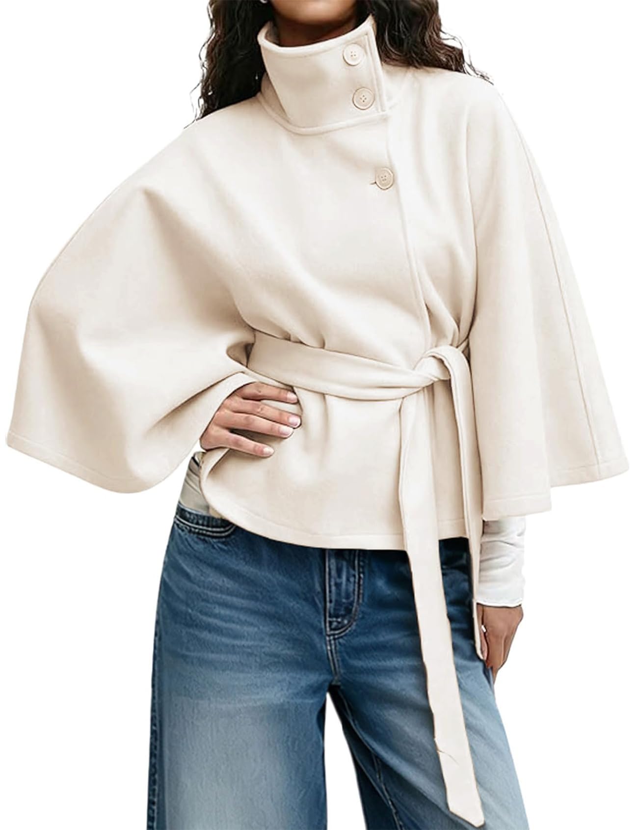 Womens Batwing Sleeve Ponchos Pea Coat Wool Bland Fall Winter Collar Belt Capes Jacket Cropped Overcoat-image-13