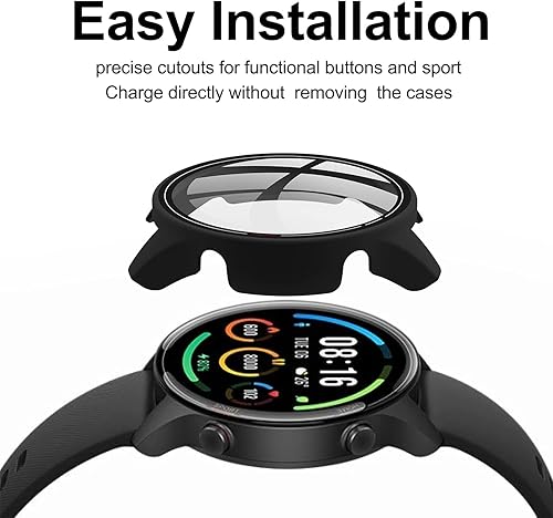 Miniatura 3 de Paquete de 2 fundas con protector de pantalla de vidrio templado compatible con Xiaomi Mi Watch, dureza 9H 360, carcasa de PC completa negra + funda