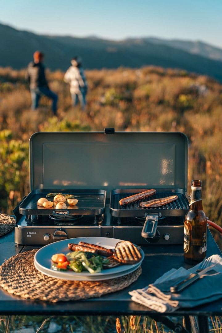 CADAC 2-Cook 3 Fornello da Campeggio Portatile - 30 mBar - Grill da Tavolo a 2 Fuochi con Accensione Piezoelettrica, Termocoppia di Sicurezza, Paravento e Borsa da Trasporto per Cucina all’Aperto