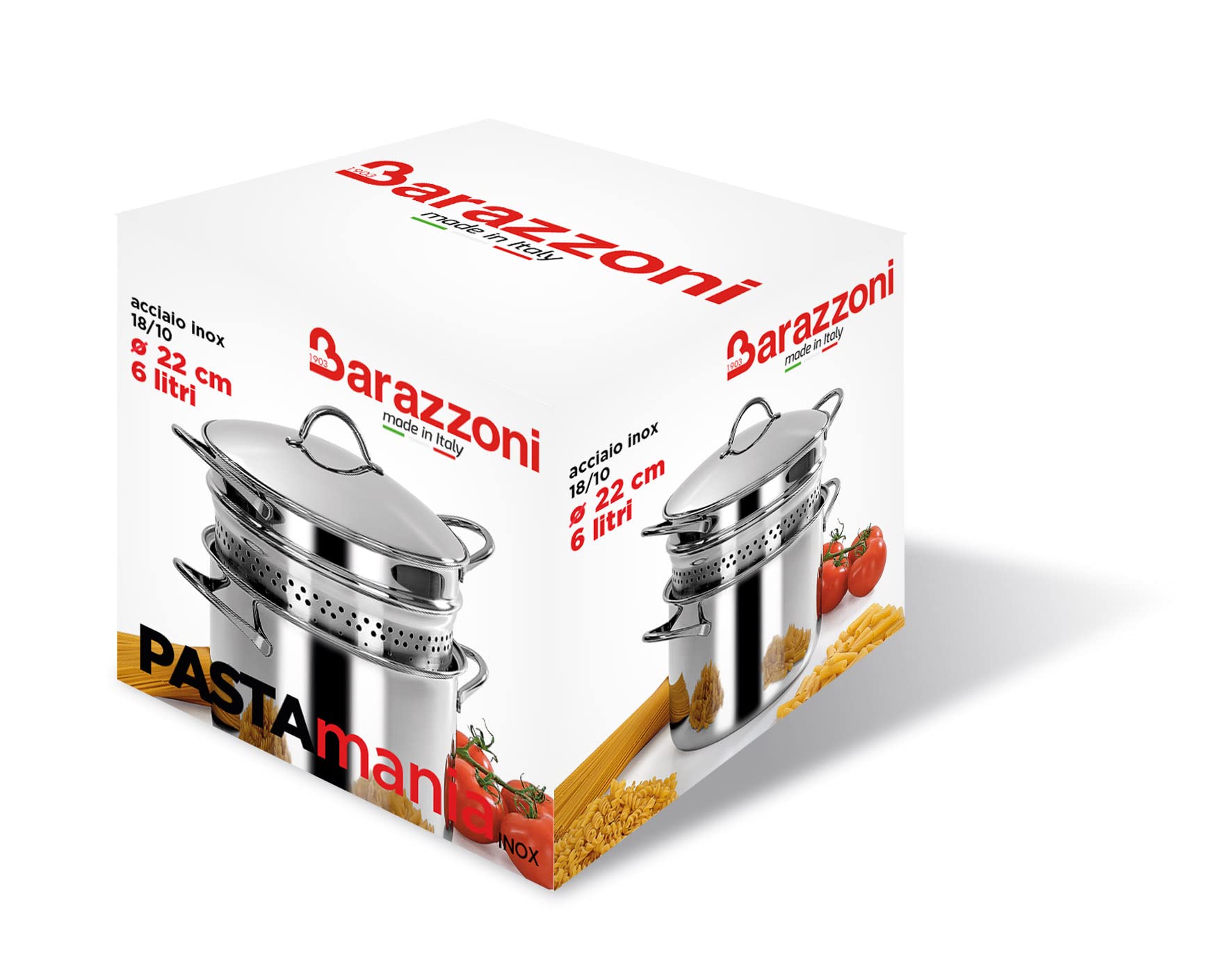 Barazzoni Spa, Spaghettiere Con Fondo ø22cm, Capacità 6lt, Acciaio Inox 18/10, Made in Italy
