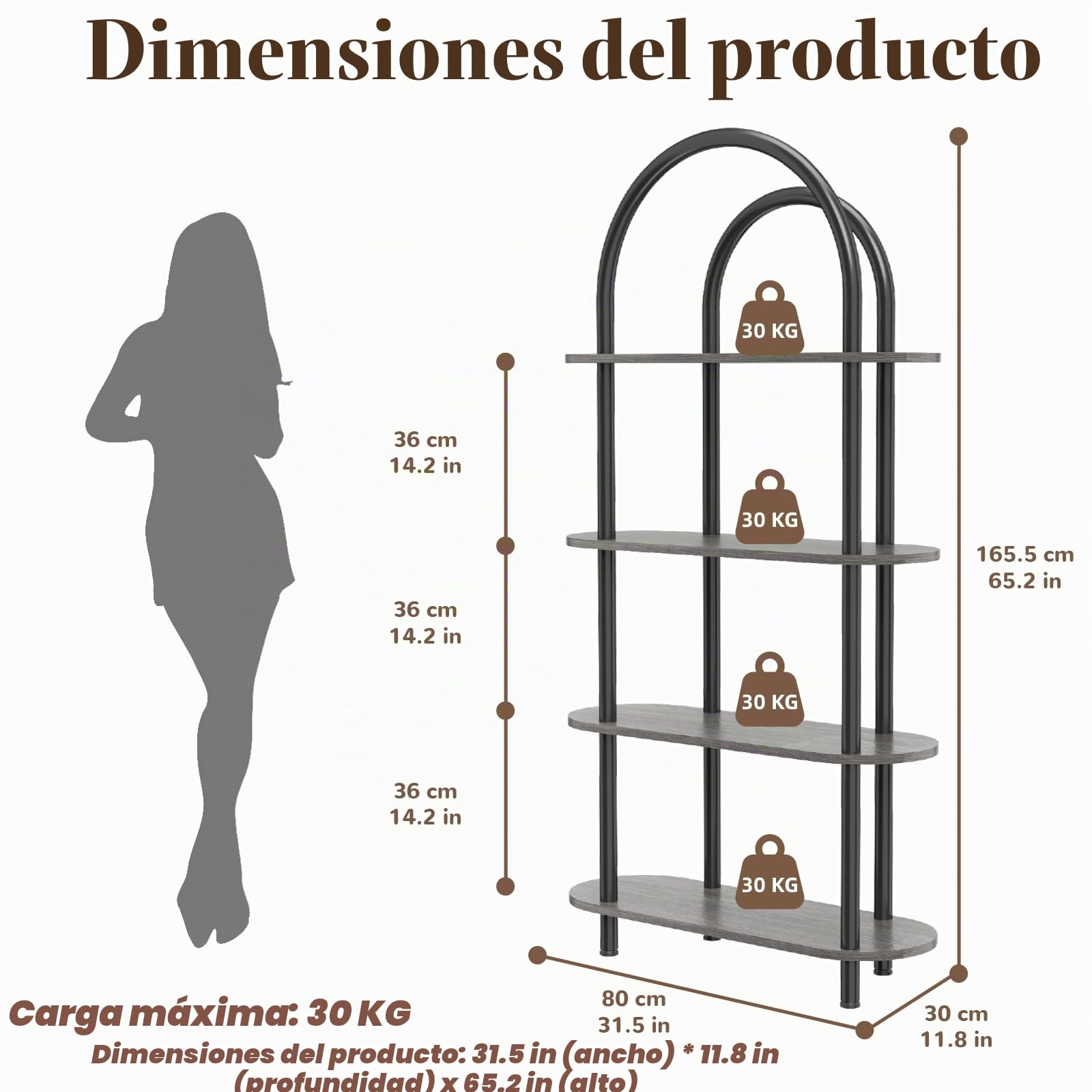 YOSHOOT Librería curva de 4 niveles con marco de metal y estantes de madera, 165,5 cm de alto, ideal para salón, estudio y oficina, 80 x 30 x 165,5 cm (roble gris)