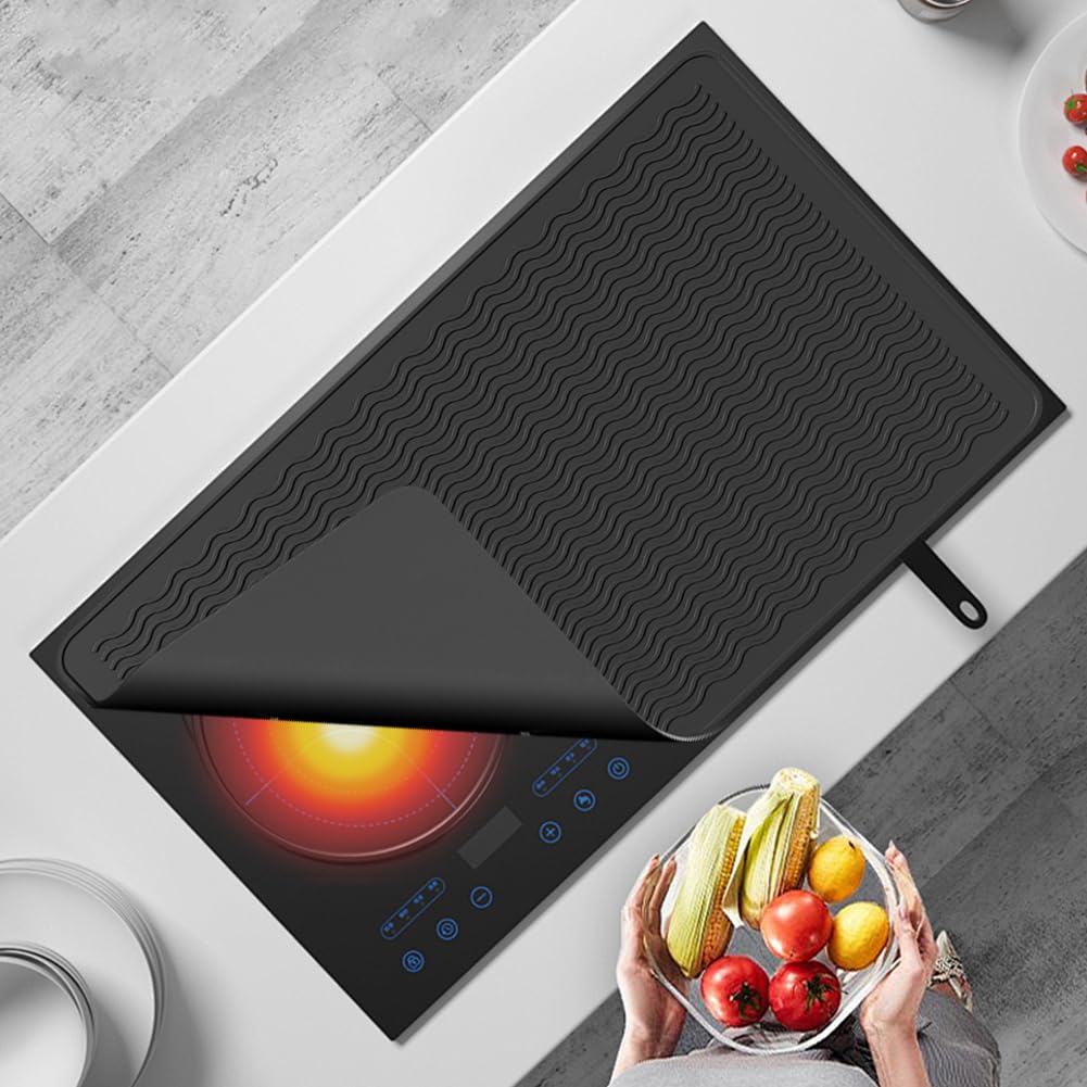 71 x 51 cm Cooking Plate Heat Resistant Silicone Mat Waterproof Induction Hob Cover Fire Retardant Base (Black, 70 x 50 cm)