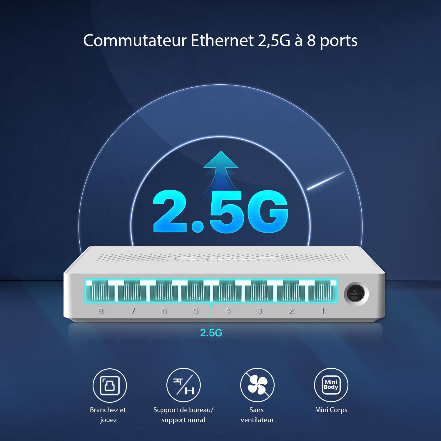 Tenda Switch Ethernet 2.5Gbps, 8 Ports Switch 2.5 Gigabit, Unmanaged, Compatible avec 100/1000/2500Mbps pour PC NAS, Plug-and-Play, sans Ventilateur (SE108)