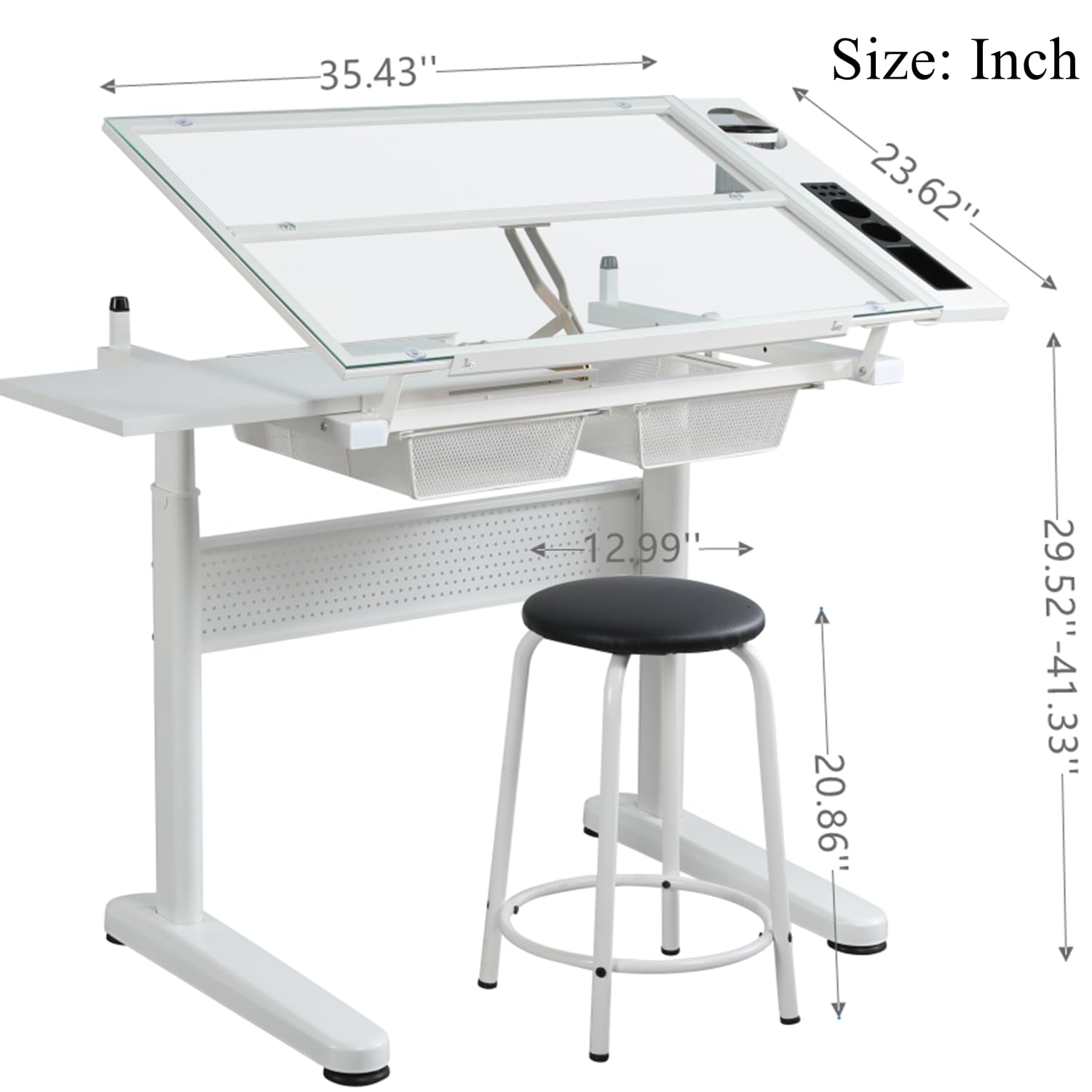 Roockky Drafting Desk with Stool, Upgraded Hand Crank Adjustable Height Art Table with Storage, 0-75° Tilting Glass Tabletop Drawing Table for Artists, Ergonomic Design for Painting, Sketching, White