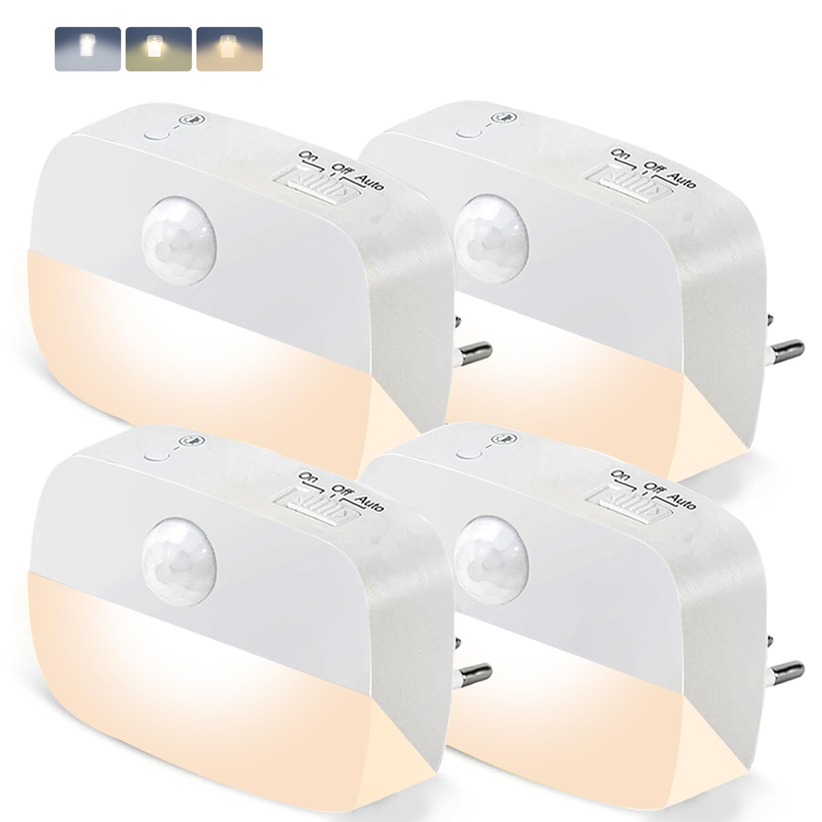 AmmToo 4er-Pack Bewegungsmelder Nachtlicht, batteriebetrieben, Warmweiß, Auto Ein/Aus, für Flur, Bad, Kinderzimmer, Treppe