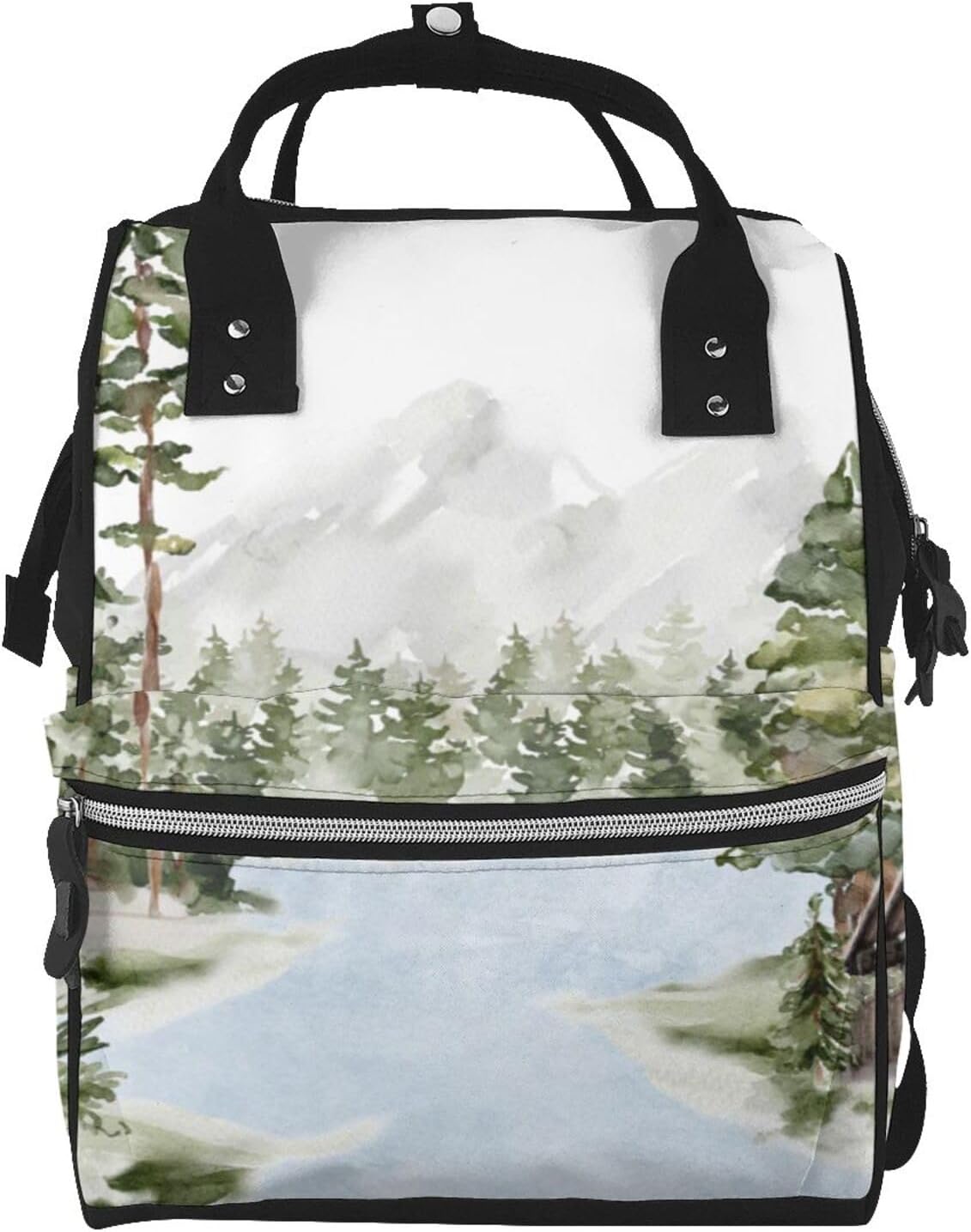 Green Pine Forest and Lake Diaper Bag Backpack for Women, Large Capacity Waterproof Travel Bag with Stroller Straps